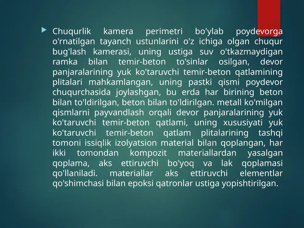 ylashuvi va o‘zaro masofasini aniqlashga ham xizmat qiladi. bu qurilmalar issiqlik taqsimotidagi nosozliklarni, issiqlik yo‘qotilishini, va energetik samaradorlikni aniqlashda muhim rol o‘ynaydi. ayniqsa, avtomatlashtirilgan nazorat va texnik diagnostika tizimlarida chuqurlik kameralari yuqori aniqlik va ishonchlilikni ta'minlaydi. foydalanilgan adabiyotlar: . maxmudova n. a. issiqlik texnikasi va issiqlik texnikasi uskunalari. o’quv qo’llanma taqi. toshkent 2012. bektemirov.a issiqlik texnika uskunalari.darslik namangan 2009. arxiv.uz image2.png /docprops/thumbnail.jpeg