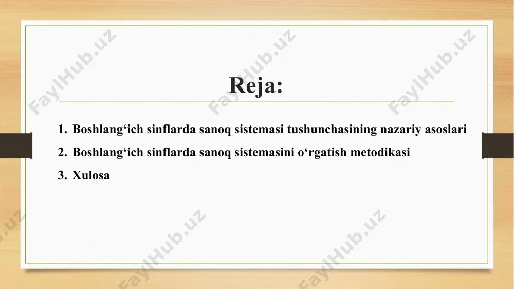 ). endi bu tizimni misol bilan ko‘rib chiqaylik: 24 raqami o‘nlik sanoq tizimida 2 o‘nlik va 4 birlikdan iborat. bu raqamda 2 raqami o‘nlikni, 4 esa birlikni anglatadi. o‘nlik tizimning asosiy xususiyati shundaki, raqamlarning qiymati ularning joylashgan o‘rniga qarab o‘zgaradi. matematik fikrlash va mantiqiy tafakkur — bu nafaqat matematikada, balki umuman har qanday intellektual faoliyatda zarur bo‘lgan ko‘nikmalarni o‘z ichiga oladi. bu jarayon o‘quvchilarning raqamlar va geometrik shakllar kabi asosiy matematik tushunchalarni tushunish va ularni o‘zaro bog‘lash, shuningdek, mantiqiy tahlil qilish qobiliyatini rivojlantirishga yordam beradi. boshlang‘ich sinf matematika dasturida sanoq sistemasining o‘rni va ahamiyati, o‘quvchilarning matematik bilimlarini shakllantirishda juda muhim ahamiyatga ega. sanoq sistemasining boshlang‘ich sinfda o‘rganilishi nafaqat raqamlarni bilish, balki matematik tafakkurni rivojlantirishga ham katta ta’sir ko‘rsatadi. bu tushuncha o‘quvchilarga matematik amallarni bajarishda, muammolarni hal qilishda, va kengroq ilmiy fikrlashni rivojlantirishda poydevor bo‘lib xizmat qiladi. sanoq sistemasini boshlang‘ich sinf o‘quvchilariga tanishtirishning dastlabki bosqichlari o‘quvchilarning matematik tafakkurlarini rivojlantirishda juda muhimdir. …