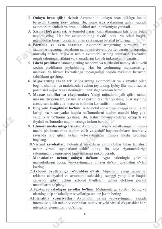 g va uni vizual tarzda jozibali va foydalanuvchilarga qulay qilish uchun dizayn tendentsiyalaridan xabardor bo'ling. bundan tashqari, foydalanuvchi xatti-harakatlarini tushunish va ma'lumotlarga asoslangan yaxshilanishlarni amalga oshirish uchun veb-sayt tahlilini kuzatib borish kerak. “avtomobile ijarasi ” web ilovasi algoritmi, foydalaniladigan dasturlar "avtomobil ijarasi" veb ilovasi algoritmi, ishlatiladigan dasturlar to'plamini taqdim etadi. " avtomobil ijarasi " veb ilovasi esa sizning hududingizdagi ishlab chiqarilayotgan avtomobil ijarasi salonlarini va ularning imkoniyatlarini, xizmat ko'rsatish turlarini, xizmatlarni narxlarini va onlayn navbat olish imkoniyatlarini bilib olishingizga yordam beradi. ushbu ilova quyidagi algoritm asosida yaratilgan: mijoz-server arxitekturasi: · veb ilovalar odatda mijoz-server arxitekturasiga asoslangan. mijozlar veb-sayt orqali brauzerlarini ishlatishadi, server esa dasturni joylashtiradi va resurslarni boshqaradi. bu yaratilgan ilovadan foydalanib, siz hududingizdagi avtomobil ijarasi va ularning taklif etilgan xizmatlari, xizmatlar narxlari, onlayn navbat olish imkoniyatlari va boshqa ma'lumotlarni bilib olishingiz mumkin. mijoz tomoni (front-end): • mijoz tomoni yoki front-end, foydalanuvchi interfeysi va tajribasini taminlaydi. bu qism html, css, …