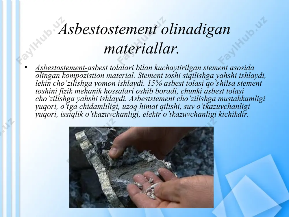 ri) -stement aktivligi; -asbestostement zichligi; -qotish sharoiti. ajratilgan asbest tolasini cho’zilishga mustahkamligi 700 mpa, armaturaga tenglashadi .asbestostement tarkibida 15% asbest bo’lganda stement toshiga qaraganda rcho’z-3-5 marta, regil-2-3 marta yuqori bo’ladi. sovuqqa chidamlilik -p=1,57 g/sm3 da 25 stikl, -r=1,65 g/sm3 da 50 stikl, -r=1,8 g/sm3 da 100 stikl, issiq o’tkazuvchanligi pq1,9 g/sm3 da 0,35 vt/(m0s) 2500s temperaturaga ishlatish mumkin. kremnezem qo’shimcha qo’shib 10000s gacha oshirish mumkin. asbestostement buyumlari quyidagilarga bo’linadi: listlar, panellar, plitalar, quvurlar, va ularning elementlari. asbestostement listlar: tombop, devorbop, pardozbop, konstrukstiya elementlari. listlar turiga qarab: silliq, yassi, profilli. to’lqinsimonlari to’lqinni balanligiga qarab: -kichik-h=30 mm; -o’rtacha –h=31-42 mm;-katta-h=43 mm dan yuqori v=1125 mm, l=1750, 2000, 2500 mm; qalinligi 6 va 7,5 mm. yassi asbestostement listlar qalinligi: 4, 5, 6, 8, 10 va 12 mm eni 800, 1200, 1500 uzunligi 2000, 2500, 3200, 3600 mm. panel va plitalar ishlatilishiga qarab, tombop (tomga, osma shiferlar), devorbop, parda devor. asbestostement quvurlar: suvga, gazga, …
