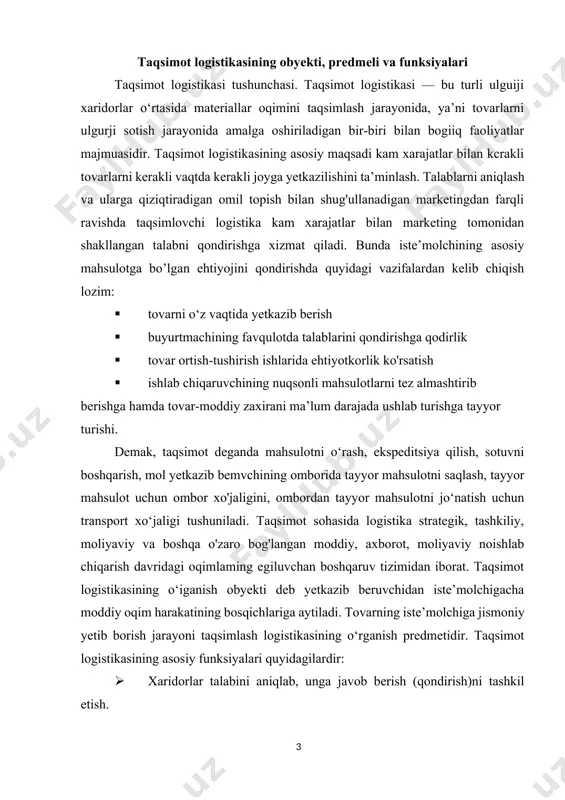 tib borish jarayoni taqsimlash logistikasining o‘rganish predmetidir. taqsimot logistikasining asosiy funksiyalari quyidagilardir: · xaridorlar talabini aniqlab, unga javob berish (qondirish)ni tashkil etish. · tovar yetkazib berish, iste’molchilarga xizmat ko'rsatish bo‘yicha xo‘jalik aloqalarini o'matish. · taqsimot kanallarining tashkiliy tizimini qurish. · tayyor mahsulot zaxiralarini to‘plash (yig‘ish), saralash va joylash. · tayyor mahsulot, bo'sh idislilar, chiqindilami transportirovka qilish. · zaxiralarni boshqarish, tovarlami konsolidatsiya (birlashuvi) qilish va tarqatish. · tovar o‘tishi (harakati)ning muqobil shakllarini tanlash va savdoni taslikil etish. · tayyor mahsulot va logistik servis sifat standartini qo‘llash. · taqsimotni monitoring qilish va axborot bilan ta’minlash. taqsimot logistikasi vazifalarining tarkibi ikki darajaga: ichki va tashqi vazifalarga bo'linadi. ichki taqsimot logistikasi korxona darajasida quyidagi masalalami hal etadi: · buyurtma qabul qilib, uni bajaradi. · sotuv jarayonini rejalashtiradi. · o’ram turini tanlaydi, komplektlash bo‘yicha qaror qabul qiladi, shuningdek, jo'natishdan awal bajarilishi zarur bo‘lgan operatsiyalami tashkil etadi. · mahsulotni jo‘natishni tashkil etadi. · yetkazib berish va …