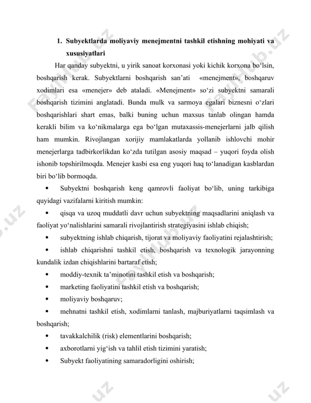 ish va tahlil etish tizimini yaratish; · subyekt faoliyatining samaradorligini oshirish; · boshqaruv qarorlarini bajarilishining ishonchli va samarali nazorati tizimini yaratish va boshqalar. subyektdagi boshqaruv vazifalarini bajarishga tashqi va ichki omillar o‘z ta’sirini ko‘rsatadi. ichki omillarga subyekt faoliyatining ko‘lami, resurslarni taqsimlash, texnologik qurollanish darajasi, mehnatni tashkil etish usullari, ishlab chiqarish xarajatlari va baho siyosati kabi dastaklar kiradi. bu omillarni ma’lum darajada oldindan rejalashtirish va nazorat qilish mumkin, lekin ulardan samarali foydalanish darajasi boshqaruv qarorlarining natijasi bilan o‘lchanadi. subyekt ko‘lamining uni boshqarishga ta’siri bunga yorqin misol bo‘ladi. yirik aksiyadorlar jamiyatini boshqarish bilan kichik subyekt yoki chakana savdo do‘konini boshqarish o‘rtasida katta farq mavjud. subyekt qancha yirik bo‘lsa, uni boshqarish ham shunchalik murakkablashib boradi. tashqi omillar subyektdan tashqaridagi muhit ta’sirida vujudga keladi. ular qatoriga bozor konyukturasi va raqobat muhiti, mol yetkazib beruvchi va iste’molchilarning hatti-harakatlari, tabiiy-iqlimiy shart-sharoitlar, siyosiy va ijtimoiy omillar, huquqiy-me’yoriy negiz va davlat boshqaruvi kabi omillar kiradi. boshqaruvga ta’sir etuvchi …