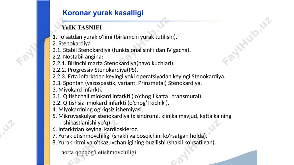 d kontraktilligining qisqa muddatli pasayishini va lv qisqarishining sekinlashishini aks ettiruvchi ohanglarning sustlashishi; og'ir hurujda yurakning patologik iv toni (presistolik gallop) ; patologik iii ton (sistolik disfunktsiya uchun) qo'shimcha tekshirish usullari. og'riq xuruji paytida ekgda koronar qon aylanishining o'tkir qisqa muddatli buzilishiga xos bo'lgan o'zgarishlarni aniqlash mumkin. ushbu o'zgarishlar pasayishda namoyon bo'ladi s-t elektr izoliniyasi ostida, shuningdek salbiy to'lqinining paydo bo'lishi i, ii, iii va ko'krak qafasi. ushbu hodisalar vaqtinchalik va huruj tugaganidan keyin tezda yo'qoladi. shu munosabat bilan, hurujdan tashqari ekg o'zgarishlarini aniqlash uchun maxsus jismoniy zo’riqtiruvchi sinovlari qo'llaniladi: jismoniy mashqlar sinovlari (stress testi): velosiped ergometriyasi. tredmil. stress эхо farmakologik testlar: dipiridamol testi. dobutamin bilan sinov. ergometrin bilan sinov. transezofagial elektr yurak stimulyatsiyasi. uzoq muddatli xolter ekg monitoringi. instrumental usullar: eхokg; radiologik usullar; yuik diagnostikasida eng zamonaviy va "oltin" standart koronarografiyadir. stenoakardiya miokard infarkti simptomatologiyasi miyokard infarkti (mi) - bu koronar qon aylanishining o'tkir etishmovchiligi natijasida rivojlanadigan yurak mushagining …