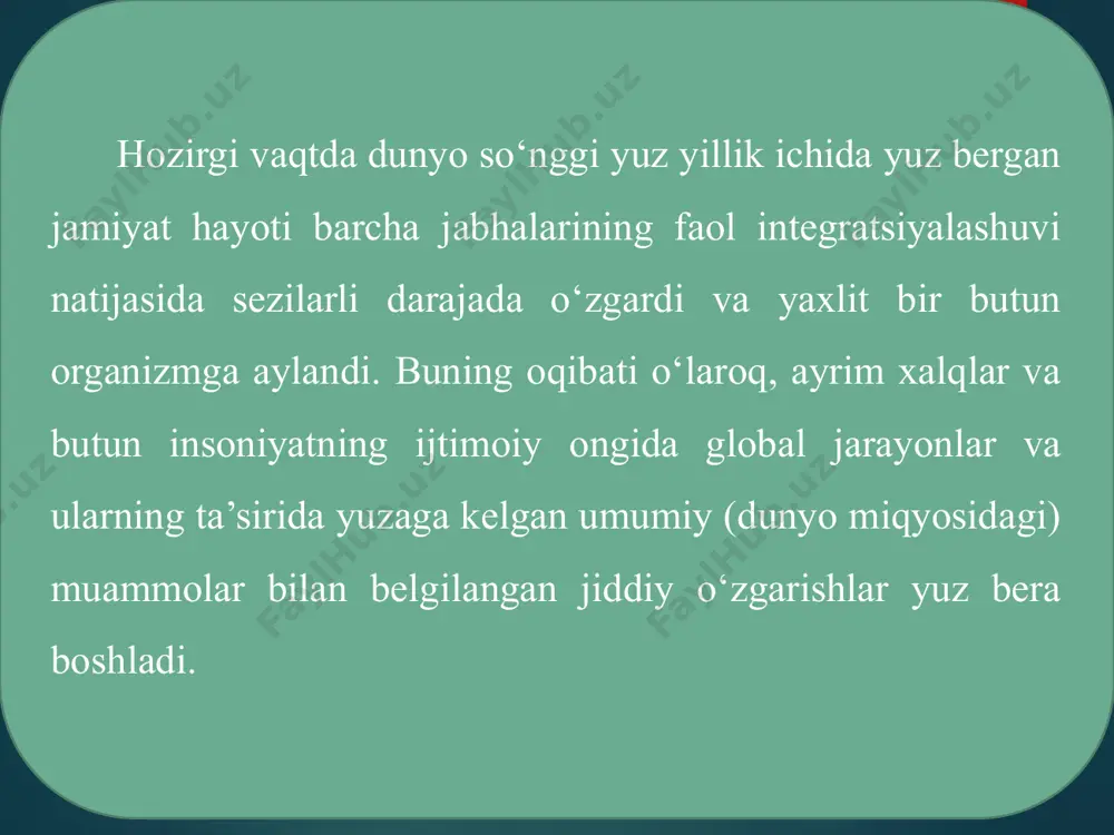 mmolarga, aniqroq aytganda, ayrim mamlakatlarga yoki yirik mamlakatlarning ancha katta hududlariga tegishli bo‘lgan muammolarga nisbatan tatbiq etiladi. bu yerda odatda kuchli zilzilalar, yirik suv toshqinlari yoki, masalan, kichik davlatdagi fuqarolar urushi nazarda tutiladi. 13 mintaqaviy muammolar mintaqaviy muammolar ayrim qit’alar, dunyoning yirik ijtimoiy-iqtisodiy hududlari yoki ancha yirik davlatlarda yuzaga keladigan muhim masalalar doirasini qamrab oladi. bunday muam- molarga sharqiy yevropaning bir necha mamlakatlari hududi radioaktiv zaharlanishiga olib kelgan chernobil fojiasi yoki bir qator davlatlarni qamrab oluvchi ancha katta hududlarda yuz bergan iqlim o‘zgarishlari misol bo‘lishi mumkin. 14 milliy muammolar milliy muammolar tushunchasi ijtimoiy-siyosiy va ilmiy muomalada ba’zan muayyan davlat yoki milliy hamjamiyatning ma’lum qiyinchiliklari, g‘am-tashvish larini aks ettiradi. miqyos darajasiga qarab ular minta- qaviy yoki mahalliy muammolar sifatida talqin qilinishi mumkin. 15 global muammolar global muammolar butun yer kurrasini, uning nafaqat odamlar bevosita yashaydigan qismini, balki yerning qolgan yuzasi, yer osti bo‘shliqlari, atmosfera, gidrosfera va hatto inson faoliyati doira-siga kiruvchi …
