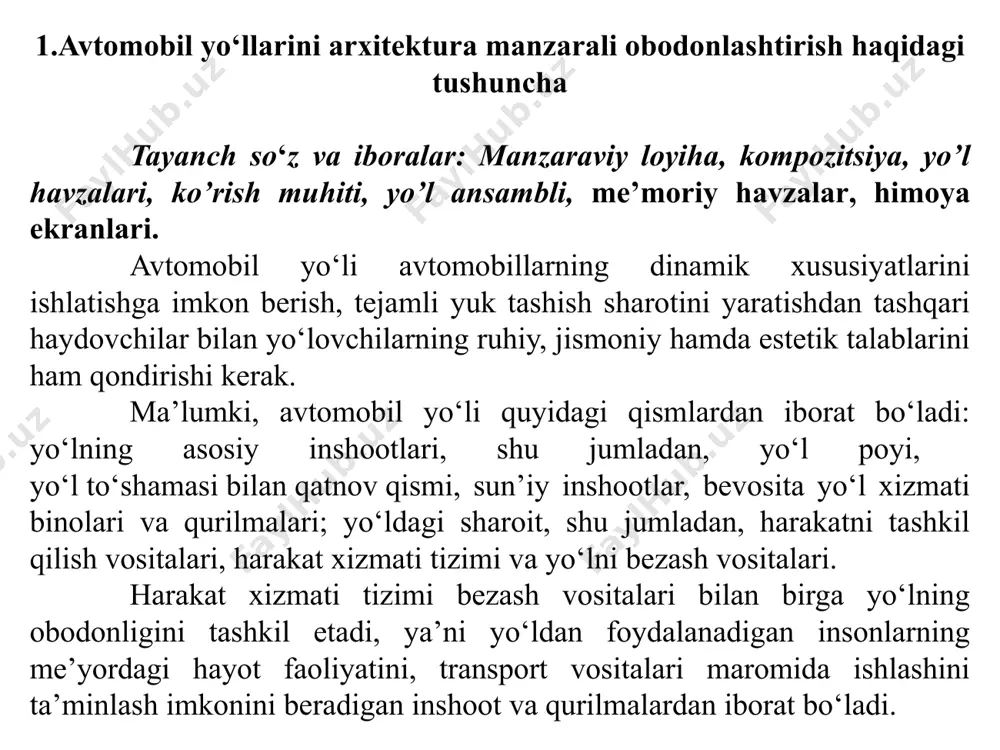anaga kirdi. loyiha tuzishga me’morlar jalb qilinib kichik arxitektura qurilmalari, ko‘kalamzorlashtirish va yo‘l yoqasini bezash loyihalari tuzildi. 1938 yildayoq s.soldatov avtomobil yo‘llari me’moriy tashkil etilishi talablarini ishlab chiqib, shunday degan edi: «avtomobil yo‘llarining me’moriy tashkil etilishi tuzilganda yo‘l muhandisining oldida ikkita asosiy vazifa turadi: 1) ma’lum bo‘lgan elementlarining hammasi qo‘shilganda yo‘l yaxlit me’moriy inshootni tashkil etishi kerak; 2) yaxlit me’moriy inshoot sifatida yo‘l atrofidagi manzara bilan uyg‘un bo‘lishi kerak. ko‘plik nazariyasidagi eng sodda tushunchalarni ishlatib avtomobil yo‘li loyihasi umumiy tizimida obodonlashtirish o‘rni qanday bo‘lishini tasavvur qilish mumkin. bu tizim quyidagi qismlardan iborat bo‘ladi: yo‘l o‘tgan yerning nazariy ko‘rinishi sifatida qaraladigan manzara: me’morchilik – yo‘lga tugal badiiy ko‘rinish berish uchun foydalaniladigan qurilish san’ati; avtomobil yo‘lini muhandislik inshooti deb qaralishi. bundan tashqari tizim tarkibida yo‘l chiroyli va badiiy bezatilgan bo‘lishini ta’minlaydigan texnik estetika tizimini; yo‘lning manzara bilan uyg‘un bo‘lishini ta’minlaydigan manzara loyihasini va yo‘lni bezashda manzara elementlaridan foydalanish imkonini beradigan manzara me’morchiligini …