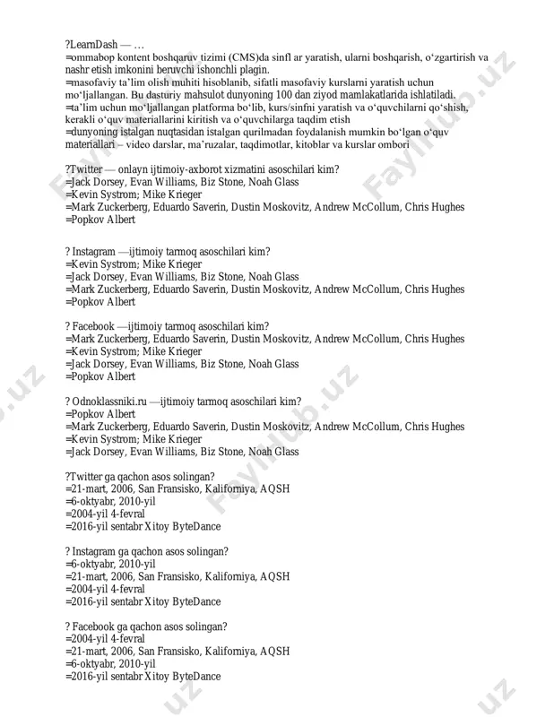 ilarga taqdim etish =platformasi ta’lim muassasalari va kompaniyalarda kadrlar tayyorlash uchun ishlab chiqilgan. biroq ayni paytda amalda asosiy mijozlari sifatida ta’lim muassasalari faoliyat yuritmoqda. =masofaviy ta’lim olish muhiti hisoblanib, sifatli masofaviy kurslarni yaratish uchun mo‘ljallangan. bu dasturiy mahsulot dunyoning 100 dan ziyod mamlakatlarida ishlatiladi. =ommabop kontent boshqaruv tizimi (cms)da sinfl ar yaratish, ularni boshqarish, o‘zgartirish va nashr etish imkonini beruvchi ishonchli plagin. ?moodle (modular object-oriented dynamic learning environment) (http://moodle.org/) — … =masofaviy ta’lim olish muhiti hisoblanib, sifatli masofaviy kurslarni yaratish uchun mo‘ljallangan. bu dasturiy mahsulot dunyoning 100 dan ziyod mamlakatlarida ishlatiladi. =ommabop kontent boshqaruv tizimi (cms)da sinfl ar yaratish, ularni boshqarish, o‘zgartirish va nashr etish imkonini beruvchi ishonchli plagin. =ta’lim uchun mo‘ljallangan platforma bo‘lib, kurs/sinfni yaratish va o‘quvchilarni qo‘shish, kerakli o‘quv materiallarini kiritish va o‘quvchilarga taqdim etish =dunyoning istalgan nuqtasidan istalgan qurilmadan foydalanish mumkin boʻlgan oʻquv materiallari – video darslar, maʼruzalar, taqdimotlar, kitoblar va kurslar ombori https://www.ispringsolutions.com/ispring-learn ?learndash — …
