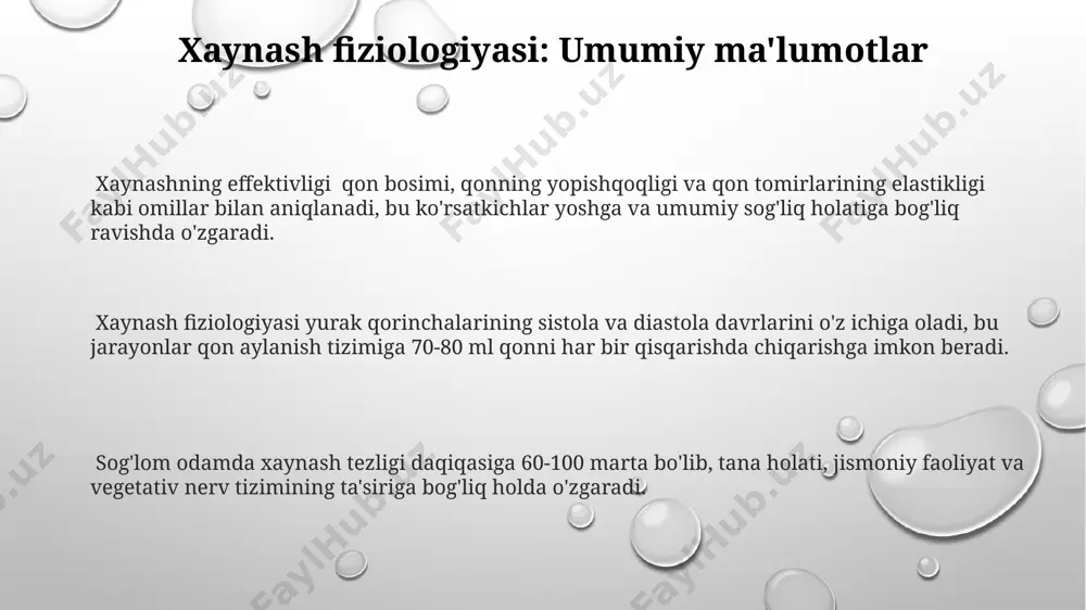arta o'lchash va o'rtacha qiymatini aniqlash, shuningdek, yurak urish tezligini (puls) aniqlash va tahlil qilish muhimdir. doppler ultratovush tekshiruvi yordamida qon oqimining tezligi va yo'nalishini aniqlab, qon tomirlarining torayishi yoki tıkanıklıklarını aniqlash mumkin, bu esa xaynashning sababini aniqlashga yordam beradi. elektrokardiogramma (ekg) yordamida yurak ritmi va elektr faolligini o'rganish, aritmiya yoki boshqa yurak patologiyalarini aniqlashda 12 ta standart o'tkazishdan foydalaniladi. ovqat hazm qilish jarayonidagi roli tarkibida amilaza fermenti bo'lgan tupurik, chaynash paytida kraxmalning 5-10% gacha gidrolizlanishini ta'minlaydi, bu esa oshqozon-ichak traktiga tushadigan yukni kamaytiradi. chaynash harakatlari, me'da-ichak trakti motorikasini faollashtirish orqali, ovqat hazm qilish jarayonining keyingi bosqichlariga, ya'ni oshqozon va ingichka ichakdagi hazm qilishga ijobiy ta'sir ko'rsatadi. chaynash jarayonida og'iz bo'shlig'ida oziq-ovqat 20-30 marta maydalanadi, bu esa oshqozon-ichak traktida hazm qilish jarayonini tezlashtiradi va ozuqa moddalarining yaxshiroq singishiga yordam beradi. xaynashning neyrohumoral regulyatsiyasi xaynashning neyrohumoral regulyatsiyasi simpatik va parasimpatik nerv sistemasining qarama-qarshi ta’sirlarini o’z ichiga oladi, bu jarayonda adrenalin va …