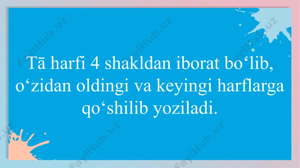 xorazm’ خواربار xārbār ‘oziq-ovqat’ خواستن xāstan ‘xohlamoq’ خواندن xāndan ‘o‘qimoq’ خوابیدن xābidan ‘uxlamoq’ 14 5. vāv harfi boshqa hollarning barchasida, ya’ni ا alef dan so‘ng so‘z boshida, undoshdan so‘ng so‘z o‘rtasi yo oxirida cho‘ziq unli u tovushini ifoda etadi. او u ‘u’ اوت ut ‘avgust’ اردوگاه ordugāh ‘lager’ طوفان tufān ‘bo‘ron’ زانو zānu ‘tizza’ کدو kadu ‘qovoq’ 8888 8888 15 e'tiboringiz uchun rahmat! image1.jpeg image2.png image3.png image4.png image5.png image6.png