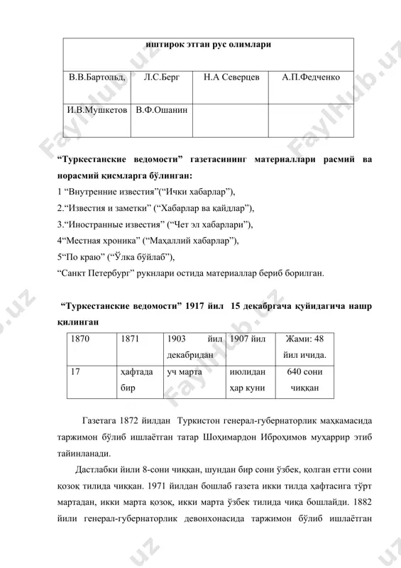 д” газетаси рус буржуазиясининг энг кўзга кўринган газеталаридан бўлган. у адабий-бадиий, савдо-сотиқ, саноат,сиёсатга оид материаллар чоп этган, шунингдек маҳаллий ҳаётни ҳам яхши ёритган. у ашхобод шаҳрида з.д.жакров томонидан нашр этилган бўлиб, “маҳаллий хабаралар”, “россия бўйлаб”, “чет эл хабарлари”, “матбуот акс-садолари” ва “таҳририятга мактуб” каби рубрикалар остида материаллар бериб борган. самарқандда “окраина” деган хусусий газета чиқарилган. у 1890 йилдан 1898 йилгача дастлаб хафтада бир марта, сўнг 2-3 мартадан нашр қилинган. мазкур газетага брошюралар кўп илова қилиган. тўрт йил ичида 25 та брошюра унга илова тарзида чиқарилади. цензура ва телеграф агентлиги туркистонда телеграф пайдо бўлиши билан бирга цензура қўмитаси ва телеграф агентлиги ҳам юзага келди. 1881 йилда н.остроумов туркистон генерал-губернаторлиги ҳузурида маҳаллий цензура қўмитаси таъсис этишни таклиф қилганди. генерал-губернаторлик бу таклифни қабул қилмай, ҳар бир нашр учун махсус цензор тайинлашга қарор қилади. лекин бундай тартиб узоққа чўзилмайди. 1883 йилда маҳаллий цензура бекор қилинди. барча маҳллий нашрларга петербургдаги бош цензура қўмитаси рухсат берадиган …