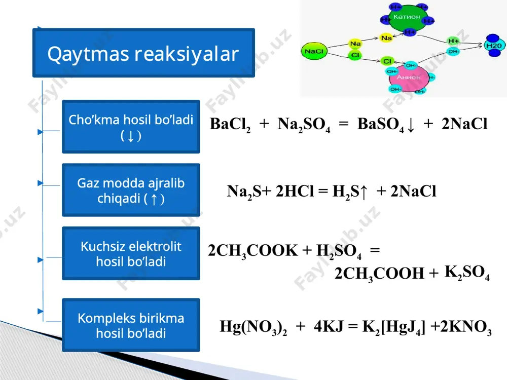 ............... 1,2% natriy karbonat n a2co3.............. 2,9% gidroliz darajasi. gidroliz qaytar reaksiya bo’lgani uchun massalar ta’siri qonuniga bo’ysunadi. shu sababli, tuz eritmasiga suv quyish yoki gidroliz mathsulotlarining birortasini eritmadan yo’qotish muvozanatning kislota va asos hosil bo’lish tomoniga qarab siljishiga sabab bo’ladi. qizdirish ham xuddi shu tariqa ta’sir qiladi, chunki eritma qizdirilgan vaqtda suvning dissotsilanish darajasi, ya’ni [h+] va [oh-] ionlarining konsentratsiyasi juda oshib ketadi. buning aksicha, eritmaga kislota yoki ishqor qo’shilsa, muvozanat teskari tomonga siljiydi. gidroliz konstantasi. 1. gidroliz haqida tushuncha bering. 2. kation va anion bo’yicha sodir bo’ladigan gidrolizlarga misollar keltiring. 3. kam eruvchi, gazsimon moddalar hosil bo’lishi bilan boradigan reaksiyalarga misollar keltiring. 4. kam dissosilanadigan moddalar hosil bo’lishi bilan boradigan reaksiyalarga misollar keltiring.. 5. quyidagi ion almashinish reaksiyalarining molekulyar, ionli va qisqa ionli tenglamalarini yozing. a) cuso4 + h2s = cus + h2so 4 b) fecl3 + 3 naoh = fe(oh)3 + 3 nacl v) bacl2 + k2so4 …