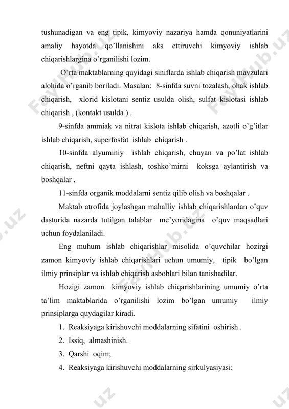 ajada to’liq va ravshan bilmasa, o’quvchilarga beriladigan politexnik tayyorgarlik, albatta, abstrakt, yuzaki bo’lib qoladi. kimyoviy ishlab chiqarishni muvaffaqiyatli chiqishi uchun o’qituvchi bilan birgalikda o’quvchi ham tayyorgalik ko’rishi kerak. bularninig hammasi ishlab chiqarishning o’rganish rejasi asosida olib boriladi. mustaqil taraqqiyot yo’lini bosib o’tayotgan mamlakatimizning kelajak vorislari- yosh avlodning bilim darajasini oshirishda umumiy o’rta ta’lim maktablari, kasb-hunar kollejlari va akademik litsiylarda o’tiladigan fanlar qatorida kimyo fanining ham munosib o’rni bor albatta. kimyoviy bilimlar berish jarayonida o’quv dasturlarida ko’rsatilgan mavzularni turmush bilan bog’lab o’rganish, mahalliy materiallardan kengroq foydalanish, o’zbekiston zaminida mavjud bo’lgan elementlarva ularning birikmalari to’g’risidagi ma’lumotlar bilan boyitgan holda bayon etish- yosh avlodni milliy mafkura talablariga mos tarzda vatanparvarlik ruhida tarbiyalash uchun samarali xizmat qiladi. bu vazifalarni amalga oshirishda, bizning fikrimizcha, o’zbekiston respublikasining prezidenti i.a.karimovning «o’zbekiston buyuk kelajak sari» nomli kitobida yoritilgan ma’lumotlardan foydalanish yaxshi samara beradi. kimyo darslarida o’zbekiston zamini ega bo’lgan tabiiy boyliklar to’g’risidagi ma’lumotlardan foydalanishga oid misollar keltiramiz. «kimyo …