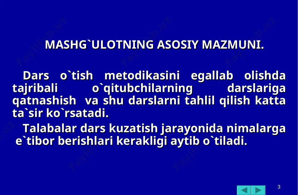 ri haqida umumiy ma’lumot 3. tarbiyaviy yillik ish reja. 4.tarbiyaviy soatlarning konspekti (dars ishlanmasi ) 5. sinf faollari haqida ma’lumot. 6. tarbiyasi og’ir bolalar bilan ishlash daftari. 7. sinf yig’ilishining qarorlari. 8. ota-onalar yig’ilishining qarorlari. 9. ota-onalar bilan aloqa daftarlari. 10. o’quvchilarning o’quv tabeli. * o’quvchilar haqida umumiy ma’lumot. № ismi, sharifi tug’ilgan yili jinsi. telefon raqami. yashash manzili. 1 ahmedova n 1998.07.16 qiz 24-15-17 farg’ona shahar,bobur ko’chasi 10-uy. 2 3 4 * ota-onalar haqida umumiy ma’lumot. № o’quvchilarning ismi, sharfi. ota—onasining ismi, sharfi.tug’ilganyili. ota-onasining ish joyi. kim bo’lib ish laydi. ish telefoni. 1. ahmedova nilufar. ahmedov sardor 1967.11.30 ahmedova nima.1971.07.12. bolalar shifoxonasi 10-maktab shifokor o’qituvchi 23-46-76 * tarbiyaviy ish reja oylar № qilinadigan ishlar mavzysi soati vaqti ix 1. 2. 3. mustaqillik bayrami va bilimlar kuniga bag’ishlab tadbirlar otkazish sinf xonasini jixozlash. xonani gullar bilan to’ldirish. x * тарбиявий соатлар режаси № mavzular soati vaqti ko’rsatma materiallar 1. 2. …