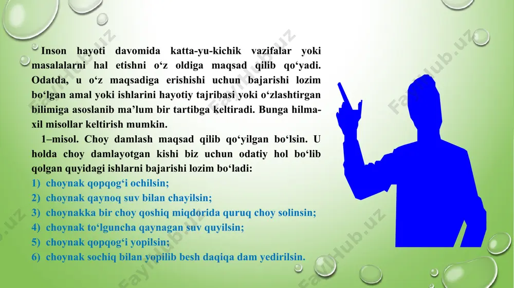 digan obyektni ijrochi tushunchasi bilan bog’laymiz. har qanday algoritm – bu amallarni belgilovchi qoida bo’lib, ularning zanjiri natijasida berilgan qiymatlardan izlangan natijaga kelinadi. bunday amallar zanjiri algoritmik jarayon, har bir amal algoritmning qadami deb ataladi. algoritm deganda biror maqsadga erishishga qaratilgan, ijrochi bajarishi uchun mo‘ljallangan buyruqlarning ketma-ketligi tushuniladi. demak, yuqorida keltirilgan misollardagi buyruqlar (yoki ko‘rsatmalar) ketma-ketligi algoritm va bu algoritmlarni bajarayotgan inson – ijrochi bo‘lar ekan. birinchi misoldagi ko‘rsatmalar “choy damlash algoritmi” deb ataladi. bundan shunday hulosaga kelamiz: inson hayotida ko‘zlagan maqsadiga erishishi uchun ijrochi sifatida ko‘plab algoritmlarni bajaradi. algoritm ijrochisi faqat insonmi, degan savol berishingiz tabiiy. bu savolga javob quyidagicha: algoritm ijrochisi – algoritmda ko‘rsatilgan buyruq yoki ko‘rsatmalarni bajara oladigan abstrakt yoki real (texnik yoki biologik) sistema. ijrochi bajara olishi mumkin bo‘lgan ko‘rsatma yoki buyruqlar to‘plami ijrochinining ko‘rsatmalar sistemasi (qisqacha, iks) deyiladi. ijrochining ko’rsatmalar sistemasini tushunib olish uchun quyidagi masalani qaraymiz. 4–misol. bo’g’irsoq uchun “oldindagi” katak qalpoqchasi ko’rsatayotgan katakdir, …