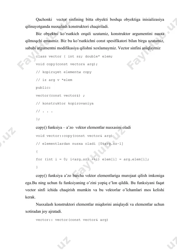 or net vector v0(10); // ok void f(const vector&); f(10); // oshibka: preobrazovaniya int v vector net f(vector(10)); // ok kutilmagan akslantirishlar bo’lmasligi uchun biz til standartida mavjud instrumentdan foydalandik.ammo barcha konstruktorlar spesifika-tor explicit ega emaslar. agar shubxa qilsangiz tekshirib ko’ring. 6.3 vektor elemenlariga murojaat xaligacha vektor elementlariga murojaat qilish uchun set() va get(). funksiya a’zolardan foydalanamiz. bu usul ba’zi noqulayliklar keltirib chiqarishi mumkin.biz oddiy indeksasiyani xoxlaymiz: v[i]. bunga ko’ra operator[] kabi funksiya a’zoni aniqlaymiz, eng sodda variantini qaraymiz: class vector { int sz; // razmer double* elem; // ko’rsatkichna elementы public: // . . . double operator[](int n) { return elem[n]; } // vozvraщayem // element }; xammasi yaxshi va oddiy ammo juda sodda. indekslashni operator[]()) va o’qishni to’g’riladik ammo yozishni qanday to’g’rilash mumkin. vector v(10); int x = v[2]; // xorosho v[3] = x; // oshibka: v[3] ne mojet stoyat v levoy // chasti operatora = bu yerda …