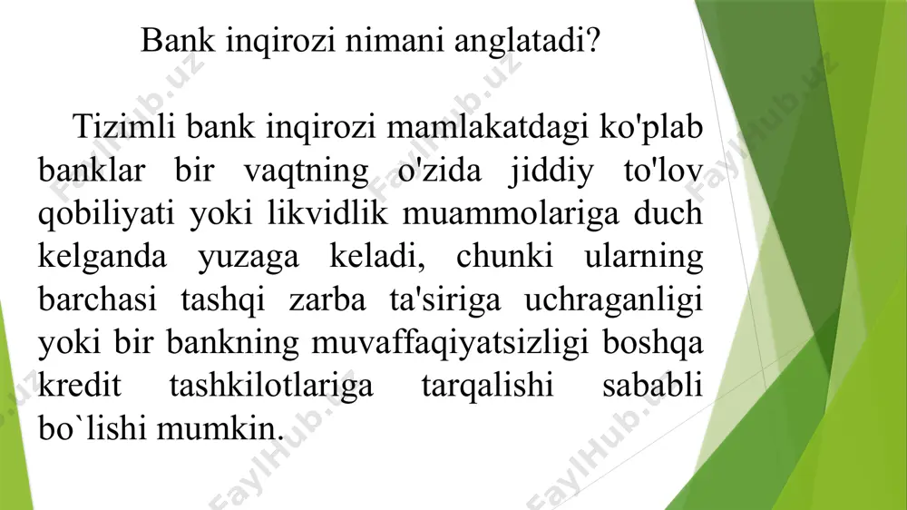 krotligi ushbu bozordagi notinchlik cho‘qqisiga to‘g‘ri keldi. silicon valley bank (svb) bankdagi vahima natijasida bankrot bo'ldi; uning muvaffaqiyatsizligi aqsh tarixidagi ikkinchi yirik bank muvaffaqiyatsizligi edi. murakkab hodisa sifatida moliyaviy inqiroz moliya bozorining u yoki bu mini-segmentlarida uning boshqa elementlari bilan bog‘lanmagan holda yuzaga keladigan bir qator mahalliy inqirozlarni (valyuta, bank, aktsiya, likvidlik, qarz va boshqalar) o‘z ichiga oladi. bank inqirozlarining kelib chiqish sabablari har qanday inqiroz shuningdek, bank inqirozi ham iqtisodiy ja­rayonlarning buzilishi natijasida yuzaga keladi. u milliy daro­mad­larni yo‘qotilishi natijasida iqtisodiy va moliyaviy mexanizm funksiyalarini samarali amal qilishiga salbiy ta’sir ko‘rsatadi. bank tizimi istalgan iqtisodiyotning pul, moliya, kredit tizimlarining bir qismi hisoblanib, unda inqirozlar ichki va tashqi omillar yoki boshqa tizimlar ta’sirida yuzaga kelishi mumkin. bank inqirozlarining kelib chiqish sabablari bir qator olimlar tomonidan uzoq yillar mobaynida turilicha muhokama qilinib kelingan. bu xususida ilk qarashlar asosan omonatchilar, bank mijojozlari va aksiyadorlari tomonidan vahima (panika) qilish natijasida pul mab¬lag‘lari (omonatlari)ni …