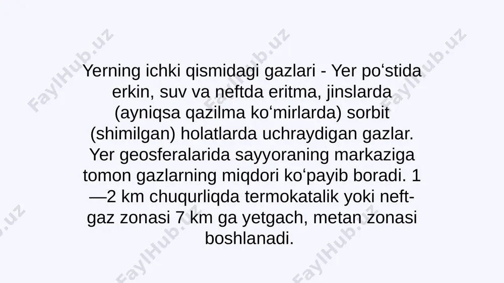 eritma holida boʻladi. masalan, azot nh4, no2, no3 shaklida. uglevodorodli gazlarning koʻp qismi tarqoq choʻkindi jinslar va qazilma koʻmirlar tarkibida ham organik moddalar bilan bogʻliq. 1960-yilda yaponiyada gazning 30% yer osti suvlaridan olingan. biokimyoviy jarayonlar natijasida kislorodning yer yuzasida karbonat angidridiga aylanishi gaz hosil boʻlishining asosiy omili hisoblanadi. oʻzbekistonda qizilqumda 44 trillion m3, qoraqumda (ustyurt bilan birgalikda) 86 trillion m3 uglevodorod gazi borligi aniqlangan. vulqon gazlari — vulqon otilayotganda va tinchigandan soʻng ajralib chiqadigan gazlar. vulqon otilayotganda ajralib chiqadigan gazlar eruptiv va vulqon otilishi tinchigandan keyin kuch bilan va burqirab ajralib chiqadigan gazlar fumarol, mofet va solfatar gazlar deb ataladi. vulqon gazlari vulqon krateri, vulqon yon bagʻirlari yoriqlaridan, lava oqimlari va piroklastik jinslardan ajralib chiqadi. eruptiv gazlar tarkibida h2o, h2, hcl, hf, h2s, co, so2 va boshqalar aniqlangan. tabiiy gazlar — turli holatlarda uchraydigan gaz komponentlari majmui. t.g. tabiatda uchraydigan holatiga qarab quyidagicha tasniflanadi: atmosfera gazlari (kimyoviy, biokimyoviy, radiogen yoʻl …