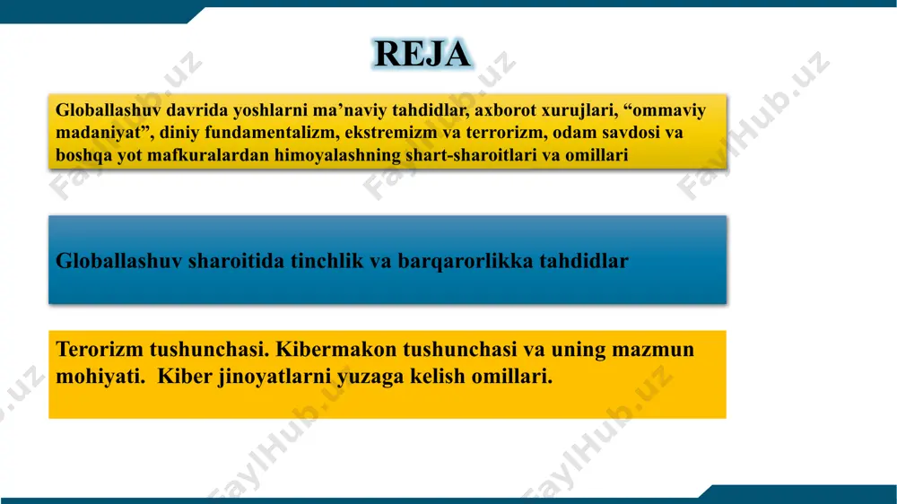 a "birovni qo‘rqitish, unga do‘q, po‘pisa qilish hamda biror falokatning, qo‘rqinchli voqeaning sodir bo‘lish xavfi"46, degan ma’nolarni anglatish uchun ishlatiladi. falsafiy ma’noda "tahdid - inson, jamiyat va davlat hayoti hamda faoliyatiga nisbatan muayyan davr mobaynida aniq maqsadga yo‘naltirilgan mahalliy, hududiy, mintaqaviy va umumsayyoraviy salbiy omillarning tajovuzi tufayli aniq makon va zamonda vujudga keladigan havf-xatar shakli, muayyan barqaror siyosiy-ijtimoiy va tarixiy vaziyatni ifodalovchi tushuncha"47, bo‘lsa, jamiyatning rivojlanishiga ta’siri, ya’ni tor ma’noda esa tahdid deb, makon va zamonda mavjud bo‘lgan real jamiyatning ijtimoiy tuzilmalarini zaiflashtirishga, qolaversa, yemirishga qaratilgan shaxsiy, mahalliy, xududiy, mintaqaviy omillarning qo‘rkitish, do‘q, po‘pisa qilishdan iborat bo‘lgan xatti-harakatlariga aytiladi.. terrorizm (lot. terror — qoʻrqinch, dahshat) — siyosiy raqiblarni, muxoliflarni yoʻqotish yoki qoʻrqitish, aholi oʻrtasida vahima va tartibsizliklar keltirib chiqarish maqsadidagi zoʻravonlik harakatlari (taʼqib qilish, buzish, garovga olish, qotillik, portlatish va boshqalar). terroristlar internetdan quyidagi maqsadlarda foydalanadilar: a’zolik va xayriya badallarini yig‘ish hamda ulardan foydalanish; tarmoq va shahobchalar tashkil etish; terroristlarni …