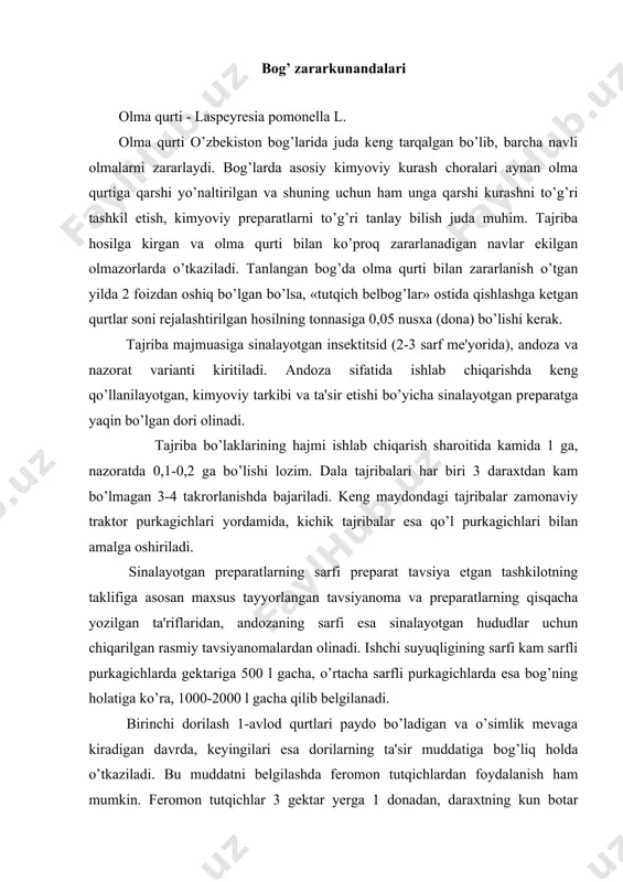 avrda, keyingilari esa dorilarning ta'sir muddatiga bog’liq holda o’tkaziladi. bu muddatni belgilashda feromon tutqichlardan foydalanish ham mumkin. feromon tutqichlar 3 gektar yerga 1 donadan, daraxtning kun botar tomoniga 2 metr balandlikdagi shoxiga ilinadi. hap bir tutqichga har 3 kunda 2-3 donadan olma qurti kapalagi tusha boshlashi 3-5 kundan so’ng dorilash davri kelganligini ko’rsatadi. bog’larda barcha turdagi kimyoviy dorilash ishlari hosil yig’ishtirib olinishdan 30 kun oldin yakunlanishi shart. tajriba bo’laklariga boshqa turdagi zararkunanda va kasalliklarning ta'sirini yo’qotish uchun sepilgan dorilar bir vaqtning o’zida andoza va nazorat bo’laklarida ham ishlatiladi. hosil yig’ishtirib olinishidan 30 kun oldin 5-10 model daraxt tanlanadi va belgilab chiqiladi. daraxt osti tekislanadi va begona o’tlardan tozalanadi. har 5 kunda daraxt ostita to’kilgan mevalar teriladi va «qurtlagan»lari alohida hisoblanadi. oxirgi hisob hosilni yig’ishtirish davrida bajariladi. so’ngra to’kilgan va «qurtlagan» mevalarning hammasi alohida-alohida sanaladi, bir daraxtdagi zararlangan mevalarning o’rtacha soni aniqlanadi. hosilni yig’ishtirishda har bir model daraxtdan 30 donadan meva …