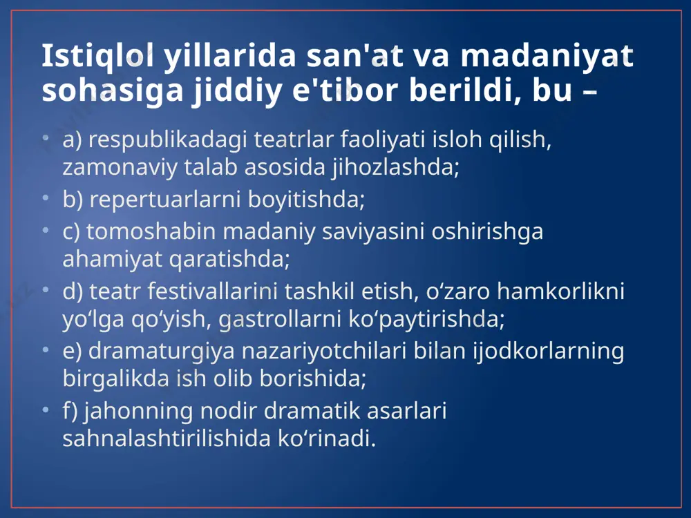 r harakteri oʻz ifodasini topolganiga maqtovga loyiqdir. har bir yaratilayotgan dramatik asar hayotni koʻzguda aks ettirganday boʻladi. hozirgi globallashuv jarayonini real tasvirlashda dramatik asarlarning oʻrni beqiyos. ijtimoiy-siyosiy hayotdagi oʻzgarishlar yangilanishlar mazkur sohada tezda koʻzga tashlanadi. 1-mashgʻulot. ma’ruza matni va koʻrsatilgan, shuningdek, mavzuga aloqador qoʻshimcha adabiyotlardan foydalanib rejalar boʻyicha kospekt qiling: a) hozirgi dramaturgiyadagi yangiliklar borasida fikr yuriting; b) teatrlar faoliyatini yaxshilash borasida amalga oshirilgan ishlar; с) oʻzbek dramaturgiyasi rivojiga hissa qo’shgan ijodkorlar faoliyatiga to’xtaling. 2-mashgʻulot. o’.umarbekov, sh.boshbekov, m.boboev, a.ibrohimov, u.azim, e.xushvaqtov, q.norqobil asarlari bibliografiyasini tuzing (dramalar doirasida). 3-mashgʻulot. adabiyotshunoslikka oid bosma va elektron lugʻatlardan foydalanib, drama va uning janrlari haqida ma’lumot toʻplang. 9-ma’ruza mavzusi uchun mashgʻulot 1-topshiriq. erkin a’zamning “suv yoqalab” yoki “parizod” kinoqissalarini oʻqing. spektakl yoki kino variantini tomosha qiling. 2-topshiriq. qissa syujetini tahlil qiling. 3-topshiriq. qissadagi obrazlar tizimini tahlil qiling. 4-topshiriq. asar gʻoyasi va ramziylik belgilarini tahlil qiling. 5-topshiriq. oʻzbekistondagi teatrlar (kamida 2 ta) repertuari haqida ma’lomot yigʻing …