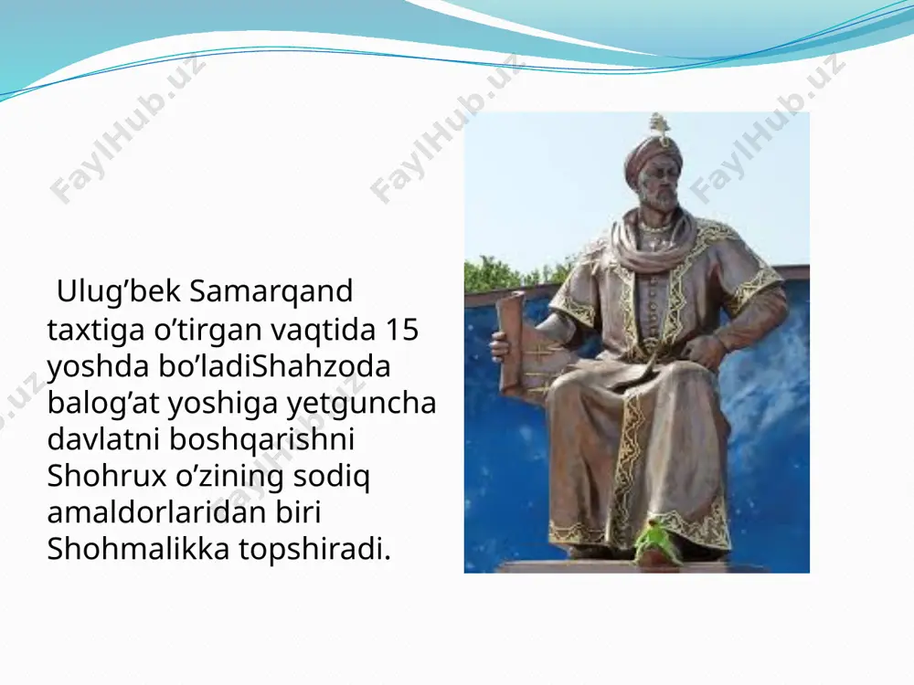 an ortiq ko'radigan (masalan, ziji ko'ragoniyning so'zboshisida shogirdi ali qushchini «farzandi arjumand» - aziz farzandim deb ataydi), biroq saroydagi fisq-fasod, ig'vo ishlar oldida ojiz bir inson qabilida tasvirlaydi. o'quvchi hukmdor ulug'bekning zulm-u zo'ravonligini inkor qilmagan holda, olim va fozil, mavifatparvar ulug'bekka achinadi, unga ixlosi ortadi. haqiqatan ham, uluglbekni tarix oldidagi katta xizmati lining hukmdorlik faojiyatidan ko'ra ilm-fanni, ma'rifat va madaniyatni rivojlantirishidadir. shu ma'noda ulug'bekning fan, madaniyat ravnaqi yolidagi xizmatlari uning zuim-zo"ravonlik faoiiyatidan ustun ekanligiga kishida shubha qolmaydi. maqsud shayxzoda ulug'bek shaxsidagi shu xususiyatlarni teran anglagan holda o'quvchi diqqatini ko'proq uning ma'rifatparvarlik faoliyatiga qaratadi. buni dramadagi mirzo ulug'bek so'zlaridan ham anglasa bo'ladi:ma'rifatning dargohiga qo'ydim ixlosim. ogir boidi qismat menga origan vazifa. men, sultonlar o'rtasida bo'ldim donishmand, donishmandlar tepasida sulton sanaldim. ma'rifatni hukumaiga qilib rahnamo, bu o'lkaning yerida ham yulduzlar yoqdim.agar ulug'bekning «ma'rifatni hukumatga qilib rahnamo, bu o'lkaning yerida ham yulduzlar yoqdim», degan so'zlariga e'tibor beradigan bomsak, uning davlatchilik faoliyati ma'rifatchilik asosiga …