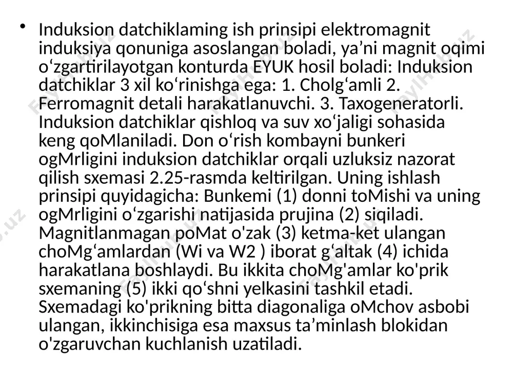 zoelektirik datchik sxemasi foydalanilgan adabiyotlar handbook o f modem sensors physics designs and applications. 2004, 1996 springer-verlag new york, inc. /perevod s angl. sovremennue datchiki. pod redaksiey d.fraydena.-moskva: texnosfera. 2005. - 470 s. / r.g.jackson. novel sensors and sensing. taylor & francis group llc, 2004./perevod s angl. noveyshie datchiki. djekson r.g .-moskva: texnosfera. 2007. - 3 8 4 s ./ voxidov a.x. abdullaeva d.a. avtomatikaning texnik vositalari. t..tim1, 2011.180 b. qo‘shimcha adabiyotlar mirziyoyev sh.m. erkin va farovon demokratik o‘zbekiston davlatini birgalikda barpo etamiz. toshkent, o'zbekiston, 2016.-56 b mirziyoyev sh.m. tanqidiy taxlil, qat’iy tartib - intizom va shaxsiy javobgarlik - xar bir raxbar faoliyatining kundalik qoidasi bo‘lishi kerak. toshkent, 0 ‘zbekiston, 2017.-104 b mirziyoyev sh.m. qonun ustuvorligi va inson manfaatlarini ta’minlash – yurt taraqqiyoti va xalq farovonligi g aro v i. toshkent, 0 ‘zbekiston, 2017.-48 b mirziyoyev sh.m. o‘zbekistonni rivojlantirishning beshta ustuvor vo‘nalishi bo‘yicha xarakatlar strategiyasi. т., 0 ‘zbekiston, 2017. “gazeta. …