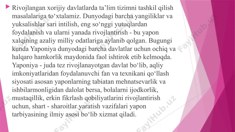 iga yo‘naltiradi: asosiy maktablar, real maktablar, gimnaziyalar, kompleks maktablar. o‘quvchilar ta’lim haqidagi attestatni real va asosiy maktablarni bitirgachgina olishadi. germaniyada majburiy maktab ta’limi 6 yildan 19 yilni o‘z ichiga oladi, demak maktabda ta’lim umuman olganda 13 yilni tashkil etadi. boshlang‘ich maktab-ta’lim tizimining poydevori hisoblanadi. bu ta’lim bosqichining vazifasi – bolalarga ta’limni davom ettirishga imkon beruvchi bilimlar asosini berishdir. boshlang‘ich maktabdan so‘ng o‘quvchilar yo‘nalish bosqichidagi maktablarga o‘tadilar. germaniyada o‘rta maktab tiplari: asosiy, real, aralash maktablar va gimnaziyalar. o‘quvchilar ularga tavsiya etilgan o‘quv yo‘nalishlaridan bitta asosiysini tanlab olish imkoniga ega. bu tabiiy-matematik, texnik, lingvistik, ijtimoiy-iqtisodiy, ijtimoiy-tibbiy, musiqiy-badiiy yo‘nalish bo‘lishi mumkin. janubiy koreya respublikasi ko‘plab tadqiqotchilarning diqqatini o‘ziga tortmoqda, sababi bu davlat postindustrial sivilizatsiya yutuqlarini egallagan osiyo – tinch okeani regionining noyob davlatlaridan biridir. koreyaliklar bajarilishi shart bo‘lgan asosiy vazifa - o‘z an’anaviy madaniyatini saqlash, siyosiy va ijtimoiy-iqtisodiy islohotlarni o‘z madaniy-siyosiy identivlik, sharqning an’anaviy qadriyatlari va markazlari bilan bog‘lashga intilish deb hisoblaydilar. bu …