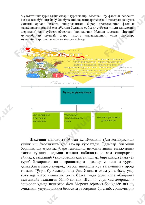 жтимоий муносабатлар маҳсулии дейилишининг энг асосий сабаби - унинг доимо инсонлар даврасида, улар билан ўзаро таъсир доирасида бўлишини англатади. бу шахснинг энг етакчи ва нуфузли фаолиятларидан бири мулоқот эканлигига ишора қилади. мулоқотнинг тури ва шакллари турличадир. масалан, бу фаолият бевосита «юзма-юз» бўлиши ѐки у ѐки бу техник воситалар (телефон, телеграф ва шунга ўхшаш) орқали амалга ошириладиган; бирор профессионал фаолият жараѐнидаги амалий ѐки дўстона бўлиши; субъект-субъект типли (диологик, шериклик) ѐки субъект-объектли (монологик) бўлиши мумкин. инсоний муносабатлар шундай ўзаро таъсир жараѐнларики, унда шахсларо муносабатлар шаклланади ва намоѐн бўлади. шахснинг мулоқотга бўлган эҳтиёжининг тўла қондирилиши унинг иш фаолиятига ҳам таъсир кўрсатади. одамлар, уларнинг борлиги, шу муҳитда ўзаро гаплашиш имкониятининг мавжудлиги факти кўпинча одамни ишлаш қобилиятини ҳам ошираркан, айниқса, гаплашиб ўтириб қилинадиган ишлар, биргаликда ёнма - ён туриб бажариладиган операцияларда одамлар ўз олдида турган ҳамкасбига қараб кўпроқ, тезроқ ишлашга куч ва қўшимча ирода топади. тўғри, бу ҳамкорликда ўша ёнидаги одам унга ёқса, улар ўртасида …