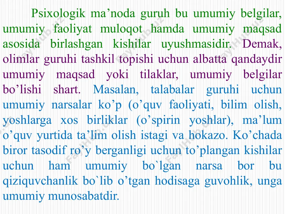 iyasi sosial psixologiyada katta guruhlar ichida etnik guruhlar psixologiyasi, ya`ni etnopsixologiya bo’yicha ko`proq tadqiqotlar o’tkazildi. ayniqsa, hozirgi davrda har bir davlatlar alohida, mustaqil davlat mavqeini olgan, lekin boshqa tomondan qaraganda, hamdo’stlik mamlakatlari ittifoqi sharoitida millatlar o’rtasida muttasil aloqalar mavjudligidan kelib chiqib, milliy psixologiya masalalari kun tartibida avvalgidan ham muhim masala sifatida qo’yilmoqda. shuning uchun ham katta guruhlar ichida milliy guruhlarga ko`proq e`tibor berishni lozim topdik, bunday e’tiborning yana bir boisi o`zbekistonda bu sohada ayrim tadqiqotlarning o’tkazilganligi, lekin ular ko`p hollarda milliy psixologiya darajasiga olib chiqilmaganligidadir. milliy psixologiya nima va uni qanday qilib o`rganish mumkin? bu hozirda, ya`ni mustaqil o`zbekiston sharoitida ko`pgina tadqiqotcnilarni qiziqtirayotgan masaladir. chunki, davr etnopsixologiyadan shunday empirik ma`lumotlar kutmoqdaki, u faqatgina milliy ongga taalluqli bo`lgan hozirgi va o’tmishdagi holatni emas, balki millatning ertangi kunini, uning ongi qaysi tomonga o`zgarishini, millatlararo sodir bo`ladigan jarayonlarni bashorat qilmog’i lozim. buning uchun esa unga kuchli etnopsixologik nazariya va ishonchli metodlar kerak. o`zbekiston …
