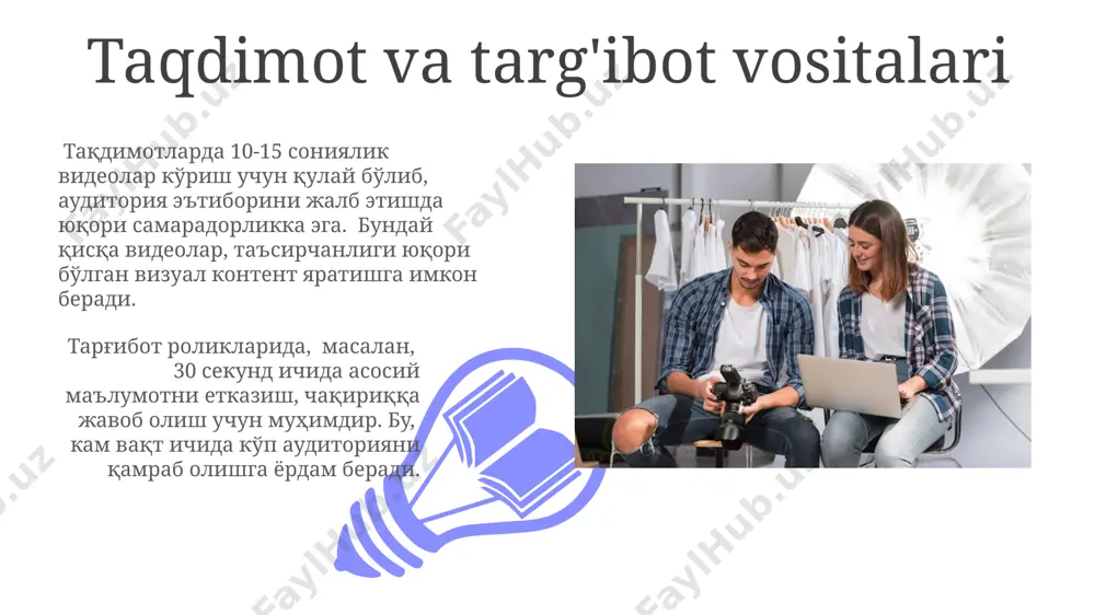 isqa formatli videolar, masalan, tiktok yoki instagram reels, o'rtacha 15-60 sekund davom etadi va yuqori darajada jalb qilish uchun tezkor tahrirlash va jozibali vizuallarni talab qiladi. vizual hikoyalarni yaratish san'ati o'rtacha foydalanuvchi 8-10 sekund ichida video mazmunini idrok etadi, shuning uchun vizual hikoya aniq, qisqa va tushunarli bo'lishi kerak. ranglar psixologiyasi va vizual elementlarning tartibi hikoyaning emotsional ta'sirini 70% gacha belgilaydi, shu sababli ularni ehtiyotkorlik bilan tanlash muhim. media iste'molining oqibatlari 01 02 so'nggi 5 yil ichida onlayn zo'ravonlik va siyosiy manipulyatsiya holatlari 30% ga oshgan bo'lib, bu esa media iste'molining xavfsizlikka ta'sirini ko'rsatadi. sales 1st qtr 2nd qtr 100 0 sales 1st qtr 2nd qtr 100 0 e'tiboringiz uchun rahmat @taqdimot_robot image4.jpg image5.jpg image6.jpg image7.jpg image8.jpg image9.jpg image10.jpg image11.jpg image12.jpg image13.jpg image14.jpg image15.jpg image1.jpeg image2.jpeg image3.jpeg