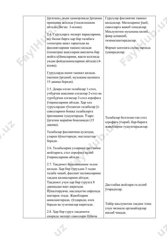 ларининг фаоллиги (тўлдириш, саволлар бериш, жавоблар бериш) 0,5 балларнинг максимал ҳажми 2 2-илова(5.1) 3-илова (5.1) «зигзаг» техникаси ўзаро ўқитиш ягона тамойилга асослангандир: ўқув гуруҳи кичик гуруҳларга бўлинади. ҳар бир гуруҳ аъзоси ўрганилаётган мавзунинг маълум соҳаси бўйича эксперт бўлади ва бошқаларга ўргатади. ҳар бир гуруҳнинг асосий мақсади: ҳар бир талаба мавзуни тўлиқ ўзлаштириши керак. ( 1-бос ќ ич : муста ќ ил иш . муста қ ил ў рганишлари учун гуру ҳ ичида ўқ ув материалини та қ симлаш . 2-бос қ ич : экспертлар учрашуви . эксперт гуруҳларида ўқ ув материалини ҳ амкорликда ў рганиб чи қ иш ва ў згаларни ў ргатишга тайёрланиш . 3-бос ќ ич : ў заро бир-бирини ў ргатиш . ў заро ў ргатиш , эгалланган билимларни ў заро назорат ќ илиш ва ба ҳ олаш ) 4-илова (5.1) ( эксперт вар оғ и №1 эластиклик ва унинг турлари . нархга боғлиқ талаб эластиклиги . …