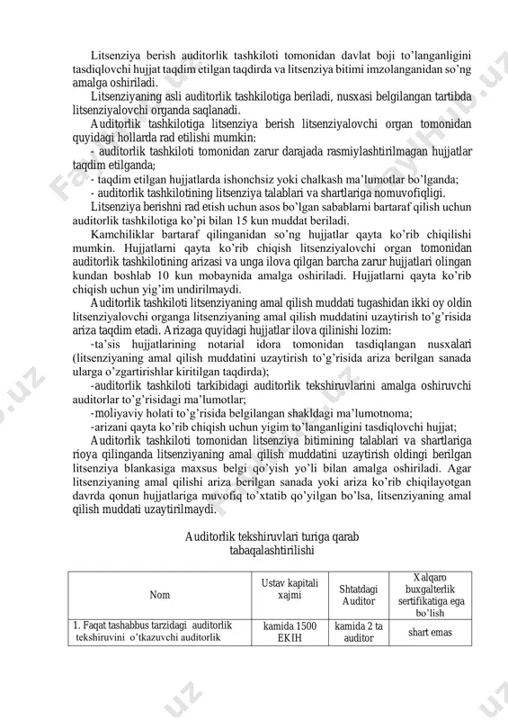 talab etilishiga yo’l qo’yilmaydi. auditorlik tashkiloti topshirgan ariza va boshqa zarur hujjatlar litsenziyalovchi organ tomonidan 15 kun ichida ko’rib chiqilib, litsenziya berish yoki litsenziya berishni rad etish to’g’risida qaror qabul qilinishi lozim. hujjatlar litsenziyalovchi organlar tomonidan ko’rib chiqilganligi uchun auditorlik tashkiloti eng kam ish haqining (to’lov kunidagi) ikki baravari miqdorida yigim to’lanadi. litsenziyalovchi organ litsenziya berish yoki litsenziya berishni rad etish to’g’risida qaror qabul qilingandan so’ng uch kun mobaynida bu haqda auditorlik tashkilotiga bildirish xati yuborishi kerak. litsenziya berish to’g’risidagi bildirish xati litsenziya bitimi loyihasi ilova qilingan holda yozma shaklda auditorlik tashkilotiga yuborilib (topshirilib), unda davlat boji to’lanadigan bank rekvizitlari va to’lash muddati ko’rsatiladi. litsenziya uchun davlat boji eng kam ish haqining to’rt baravari miqdorida undiriladi va respublika byudjetiga o’tkaziladi. litsenziya berish auditorlik tashkiloti tomonidan davlat boji to’langanligini tasdiqlovchi hujjat taqdim etilgan taqdirda va litsenziya bitimi imzolanganidan so’ng amalga oshiriladi. litsenziyaning asli auditorlik tashkilotiga beriladi, nusxasi belgilangan tartibda litsenziyalovchi organda …