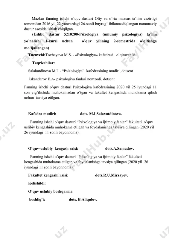 talablarni psixodiagnostikani fanlar tizimidagi o’rni, rivojlanish tarixi, psixodiagnostik tadbirlarni tashkil etish etikasi, psixodiagnostik tekshiruv va tadqiqotlarni tashkil etish hamda ularni o’ziga xos talablarini farqlash, psixodiagnostika fani metodlari xususiyatlarini ajrata olishlari, psixodiagnostik metodikalarni ishlab chiqishning psixometrik talablarini bilishlari, psixologik testlashtirish sohalari va psixodiagnostik metodikalarini qo’llanish istiqbollariga bag’ishlangan muammolariga bag’ishlangan mavzular kiritilgan. talaba ushbu fanni o’rganish asosida davlat ta’lim standartida belgilangan kasbiy faoliyat talablariga javob beradi. o’quv fanining maqsad va vazifalari o’quv fanining maksadi: talabalarda umumiy psixodiagnostika fani bo’yicha bilimlar, psixodiagnostik metodiklarni ishlab chiqish, tatbiq etish, natijalarni tahlil va talqin etish ko’nikmalarini shakllantirish. fanining vazifalari: · psixologik tadqiqot va tekshiruvlarni tashkil etishga; · psixodiagnostik metodikalarni tadqiqotlarning maksad va vazifalariga ko’ra tanlashga; · yangi psixodiagnostik metodikalarni ishlab chiqish, moslashtirish, modifikasiya qilish va ularni psixometrik talablar bo’yicha tekshirishga; · psixodiagnostik metodikalarni qo’llashga; · psixodiagnostik metodikalarning natijalarini psixologik sharhlashga; · psixodiagnostik metodikalar natijalarini rasmiylashtirishga va ular asosida tavsiyalar taqdim etishga o’rgatishdan iborat; fan bo’yicha bilim, …