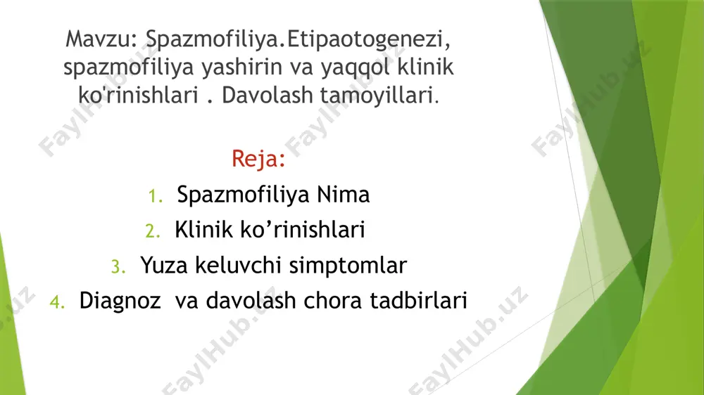 . spazmofiliya shuningdek, hujayra tashqarisi suyuqligida magniy yetishmasligi. ..bilan ham. bog’liq, kalsiy miqdori normada bo’iadi. bu holat sut~bilan ovqatlantirilganda yoki "orgamzinda magniyni notoliq singishida, shuningdek magniyniug siydik orqali ortiqcha chiqariiibyuborilishida yuz beradi. normada qon zardobida magniy miqdori 0,8-1.5 mmol/1 ni tashhil qiladi, uning miqdorini 0,5 m m ol/lga kamayishi„spazmofiliya chaqirad spazmofiliya yashirin yoki latent va yaqqol turlarga ajratiladi. spazmofiliyaning yashirin shaklida, yashirin tetaniya ^, asab-mushak qo’zg’aluvchanligi yuqoriligidan paydo bo’ladi. ota-onalar shikoyat qilishmaydi, bola normal rivojlanadi, raxit belgilari aniqlanadi. yashirin spazmofiliyada ko’p uchraydigan belgilarga xvostek (yuz fenomeni), lyust, trusso, erba, maslov simptomlari kiradi. xvostek simptomi - bolg'acha bilan yuz nervi shoxchasi omiga. ordak kafti sohasiga, fossae caninaega urilganda og’iz, burun, koz ichki burchagi mushaklarining qisqarishini chaqiradi. lyust simptomi - (peroneal yoki fibulyar) - kichik boldir nervi, kichik bo’ldir suyagining orqa va pastki sohasiga tukullatganida, oyog^ustki qismi bukilishi, tashqariga burulishini chaqiradi. shunga o'xshash ko'rinishni holda ham kuzatish mumkin. trussо simptomi - yelkani …
