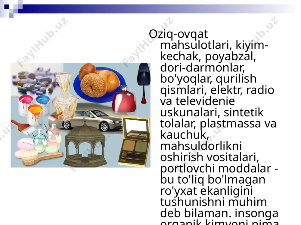 chun ishlatiladi. plastmassalardan (ayniqsa plyonkali materiallardan) kengroq foydalanish tendentsiyasi qishloq xo'jaligi rivojlangan barcha mamlakatlarga xosdir. ular yetishtirish inshootlarini qurishda, tuproqni mulchalash, urug'larni qoplash, qishloq xo'jaligi mahsulotlarini qadoqlash va saqlash uchun ishlatiladi. mahsulotlar va boshqalar. melioratsiya va sahifada - x. suv ta'minoti, polimer plyonkalari sug'orish kanallari va suv omborlaridan filtrlash uchun suv yo'qotilishiga yo'l qo'ymaydigan ekranlar bo'lib xizmat qiladi; turli maqsadlar uchun quvurlar plastmassalardan tayyorlanadi, ular suv inshootlarini qurishda qo'llaniladi afsuski, organik kimyo nafaqat yaxshi do'st va sehrgar. ko'pincha, odamlarning xohishiga ko'ra yoki tasodifan u o'zining teskarisiga - halokatli kimyoga aylanadi. agar biror kishi unga beparvo, savodsiz yoki yomon niyat bilan munosabatda bo'lsa, bu sodir bo'ladi. atrof-muhit muammolarining o'sishi organik moddalar ishlab chiqaradigan yoki ular bilan ishlaydigan odamlarning ko'plab xatolari va xatolari uchun qayg'uli qasosdir. bundan tashqari, organik kimyo nafaqat inson uchun zarur bo'lgan mahsulotlar manbai. giyohvand moddalar, kanserogenlar, kimyoviy urush agentlari, minalar, granatalar, bombalar va snaryadlarni to'ldirish ham organik moddalardir. …