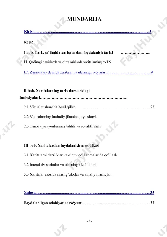 i tahlil qilish, o'quvchilarning tarixiy bilim va ko'nikmalarini rivojlantirishda ularning o'rni va samaradorligini aniqlashdan iborat. kurs ishining vazifalari: tarix ta’limida xaritalarning rivojlanish tarixi va ahamiyatini o’rganish: xaritalarning turlarini aniqlash va ularning ta’limdagi o’rnini ko’rsatish: xaritalarning tarix darslaridagi funksiyalarini tahlil qilish: xaritalardan foydalanish metodikasini ishlab chiqish va amalda qo’llash o’quvchilarning xarita bilan ishlash malakasini rivojlantirish usullarini o’rganish: nazariy va amaliy tavsiyalar ishlab chiqish kurs ishining amaliy axamiyati, shundan iboratki, unda ilgari surilgan g`oyalardan amaliyotchi o`qituvchilar ta`lim-tarbiya jarayonida keng foydalanishlari mumkin. kurs ishi: kirish, iii bob, 8 fasl, xulosa va foydalanilgan adabiyotlar ro`yxatidan iborat. i bob tarix ta’limida xaritalardan foydalanish tarixi l.l. qadimgi va o’rta asirlar davrida xaritalarning o’rni qadimgi va o’rta asrlar davrida xaritalarning o’rni qadimgi va o’rta asrlar davrida xaritalar turli maqsadlarda qo’llanilgan va jamiyatlar hayotida muhim rol o'ynagan. bu davr mobaynida yaratilgan xaritalar nafaqat geografik bilimlarni, balki diniy, kosmologik va iqtisodiy tushunchalarni ham aks ettirgan. qadimgi davrlar qadimgi misr …