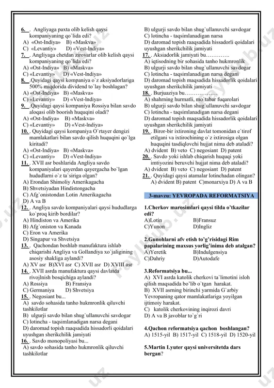 vositasi d)o’z a`zolarining manfaatini himoya qilish uchun tuzilgan savdogarlar va hunarmandlar uyushmasi 5.manufaktura bu… a)foydadan o’z ulushini olish huquqini beruvchi qimmatbaho qog’oz b)qo’l mehnatiga asoslangan ishlab chiqarish c)yollanma mehnatdab foydalanib qo’shimcha qiymat olish vositasi d)o’z a`zolarining manfaatini himoya qilish uchun tuzilgan savdogarlar va hunarmandlar uyushmasi 6.qachondan yevropada savdo chorrahalri shimoliy dengiz qirg’oqlariga ko’chdi? a) xiv asrda ikkinchi yarmidan b) xv asrda birinchi yarmidan c) xvi asrda ikkinchi yarmidan d) xvii asrda birinchi yarmidan 7.yevropada savdo chorrahalari shimoliy dengiz qirg’oqlariga ko’chgach dastlab bu yerda asosiy savdo markaziga aylangan shahani toping. a) antverpen b) london c) genuya d) parij 8.yangi davrda g’arbiy yevropada eng katta markazlashgan davlat. a)angliya b)niderlandiya c)fransiya d)ispaniya 9.yevropaliklar tomonidan hindiston va amerikaga dengiz yo’li ochilgach rivojlangan potugaliya (a) va ispaniyaning (b) sharini aniqlang. a)a-lissabon, b-sevilya b)a-sevilya, b-lissabon c)a-valensiya, b-porto d)a-porto, b-valensiya 10.kapital bu… a)foydadan o’z ulushini olish huquqini beruvchi qimmatbaho qog’oz b)qo’l mehnatiga asoslangan ishlab chiqarish c)yollanma mehnatdab …