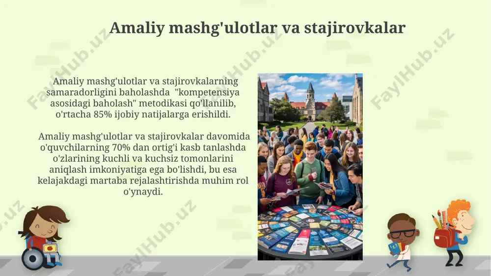r yo'nalishining ijtimoiy ahamiyati maqsadli kasb-hunar yo'nalishi orqali malakali mutaxassislar soni 25% ga ko'payib, milliy iqtisodiyotning raqobatbardoshligini oshirishga, innovatsion rivojlanishga turtki beradi. kam ta'minlangan oilalardagi yoshlarning 30% dan ortig'i kasb-hunar yo'nalishi etishmasligi sababli ijtimoiy-iqtisodiy muammolarga duch keladi, maqsadli yondashuv bu ko'rsatkichni pasaytirishga yordam beradi. pedagogik yondashuvlarning ahamiyati differensial pedagogika yondashuvlari, 5 ta turli o'quv uslubiga moslashtirilgan ta'lim materiallari orqali, har bir yoshning individual xususiyatlarini hisobga olib, kasb-hunar yo'nalishi tanlashda muvaffaqiyat darajasini oshiradi. pedagogik yondashuvlar, yoshlarning 3 ta asosiy ehtiyojini – bilim olish, kasb-hunar tanlash va ijtimoiy moslashuvni – bir butun sifatida qarashga imkon beradi, bu esa ularning muvaffaqiyatli kelajagini ta'minlashga yordam beradi. yoshning kasb-hunar yo'nalishi: muammo va istiqbollari kasb-hunar yo'nalishi bo'yicha malakali psixologlar va pedagoglar soni mamlakat miqyosida 10 mingdan kam, bu esa yoshlarga yetarli darajada yordam berishni qiyinlashtiradi. zamonaviy texnologiyalar, jumladan, online testlar va platformalar, yoshlarning kasb-hunar yo'nalishini aniqlashda samaradorlikni 25% ga oshirish imkoniyatini beradi. e'tiboringiz uchun rahmat @taqdimot_robot …