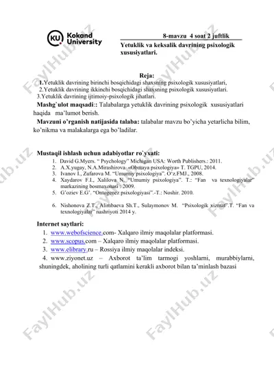 yetuklik davrining psixologik xususiyatlari — DOCX