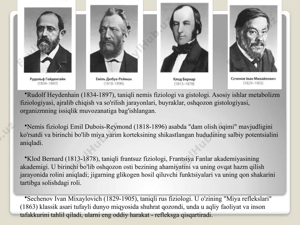 -1894) - nemis fizigi, matematigi, fiziologi va psixologi. u quloq modelini yaratdi, tovush toʻlqinlarining eshitish organi bilan oʻzaro taʼsirining matematik nazariyasini yaratdi, eshitish apparatining murakkab tovushlarni tahlil qilish qobiliyatini isbotladi va “tovush tembri” tushunchasini kiritdi. vvedenskiy nikolay evgenievich (1852-1922), rus fiziologi. 1884-yilda u birinchi boʻlib asabdagi qoʻzgʻalish ritmini (biotoklar) telefon orqali tingladi, asab va mushaklarda ularning tirnash xususiyati chastotasiga qarab optimal va pessimum (“pessimum inhibisyonu”) mavjudligini aniqladi va qoʻzgʻalishning rivojlanishida vaqt omilining rolini aniqladi. ivan petrovich pavlov (1849-1936) - buyuk rus fiziologi, akademik. ovqat hazm qilish fiziologiyasidagi ajoyib ishlari uchun u nobel mukofoti bilan taqdirlangan (1904). u oliy nerv faoliyati toʻgʻrisidagi yangi original va istiqbolli taʼlimotni va oliy nerv faoliyatini oʻrganish usullarini — shartli reflekslar usulini yaratdi. leon abgarovich orbeli (1882-1958) ilmiy ishlari avtonom nerv sistemasini, simpatik nerv sistemasining adaptiv-trofik funksiyasi masalalarini, orqa miya koordinatsiyasi fiziologiyasini va serebellumni oʻrganishga bagʻishlangan. anoxin petr kuzmich (1898-1974), fiziolog, akademik, i.p.ning shogirdi va izdoshi. …