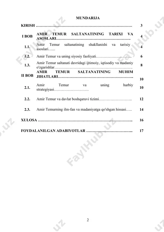 oshirish orqali jamiyatdagi erkin va adolatli fuqarolarni tayyorlashga qaratilgan pedagogik metodologiyalarni o'rganishdan iborat. bundan tashqari, islom dini ta'limi va uning pedagogik g'oyalarining ta'lim tizimidagi roli ham tahlil qilinadi. amir temur saltanatining ta'lim tizimidagi siyosiy va diniy ta'limning birlashishi, fuqarolarning siyosiy mas'uliyatni tushunishi, ijtimoiy faoliyatga tayyorlanishi va davlatni mustahkamlashdagi o'rni ko'rib chiqiladi. mustaqil ishining obyekti: amir temur saltanati davridagi siyosiy pedagogik tamoyillar va ularning ta'lim tizimidagi roli hisoblanadi. bu doirada, siyosiy tarbiyaning ta'lim jarayonidagi o'rni, o'quvchilarda siyosiy ongni rivojlantirish, fuqarolik mas'uliyatini shakllantirish va siyosiy faoliyatga qiziqishni oshirish masalalari o'rganiladi. shuningdek, islom dini tarbiyasining ta'lim jarayonidagi roli va uning pedagogik g'oyalarining ta'lim tizimiga tatbiqi ham mustaqil ishning obyekti hisoblanadi. bu o'rganishda, islom dini va amir temur saltanatining siyosiy pedagogik tamoyillari o'rtasidagi bog'liqlik, ta'limda erkin fikr va mas'uliyatli fuqarolarni shakllantirishdagi o'rni ham ko'rib chiqiladi. i bob. amir temur saltanatining tarixi va asoslari. 1.1. amir temur saltanatining shakllanishi va tarixiy asoslari. amir temur saltanati …