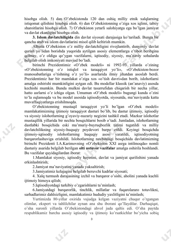 umlarning o’tkazilishi. 11. mulk shakllarining xilma-xilligi va ularning tengligini kafolatlovchi qonunlarning mavjudligi. 12. siyosiy muholifatning ochiq faoliyat ko’rsatishi. 13. jamiyatda xilma-xil fikrlarning, plyuralizmning mavjudligi va h.k. demak, dunyo mamlakatlari dunyoviy davlat qurishda 1)dan demokratiya va qonunchilikka rioya qilgan, 2) mulkchilikning xilma-xil shakllarini keng yo’lga qo’ygan, 3) ma’naviyat, madaniyatga e’tibor qaratgan, 4)dan dunyo hamjamiyati bilan aloqa bog’laganlar. agar shu jihatlarga e’tibor beradigan bo’lsak, o’zbekiston dunyoviy davlat qurish yo’lidan bormoqda. lekin bunda albatta birinchi prezidentimiz belgilab bergan tamoyillar shundan dalolat beradiki, milliy davlatchilik xususiyatlari bilan ham bevosita bog’liqdir. 2. milliy davlatchilikda: 1)dan milliy xususiyatlarni ‘etiborga olish lozim. bozor iqtisodiyotiga o’tishda birinchi tamoyilga ko’ra o’zbek xalqining o’ziga xosligi, uning boy tarixiy an’analari, davlat boshqaruvi, o’ziga xos fikrlash tarzi qadimgi davrlardan rivojlanib kelganligi, ya’ni mentalitetini hisobga olish lozim. 2) albatta islom dini qadriyatlarini nazarda tutish kerak, bu o’tmish islom madaniyati bilan bog’liqdir. 3)dan o’zbekistondagi demografik vaziyatni, ya’ni aholi va bolalarning boshqa mintaqalarga nisbatan boshqacha …