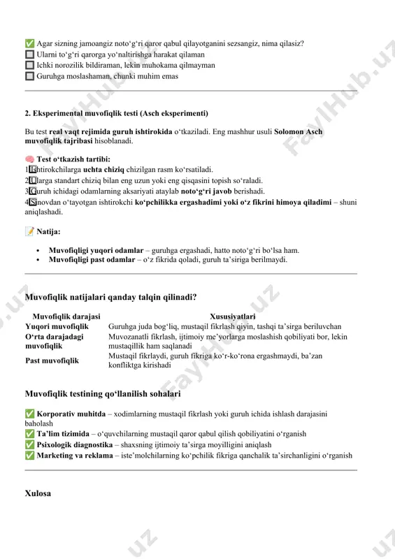 t rejimida guruh ishtirokida o‘tkaziladi. eng mashhur usuli solomon asch muvofiqlik tajribasi hisoblanadi. 🧠 test o‘tkazish tartibi: 1️⃣ ishtirokchilarga uchta chiziq chizilgan rasm ko‘rsatiladi. 2️⃣ ularga standart chiziq bilan eng uzun yoki eng qisqasini topish so‘raladi. 3️⃣ guruh ichidagi odamlarning aksariyati ataylab noto‘g‘ri javob berishadi. 4️⃣ sinovdan o‘tayotgan ishtirokchi ko‘pchilikka ergashadimi yoki o‘z fikrini himoya qiladimi – shuni aniqlashadi. 📝 natija: · muvofiqligi yuqori odamlar – guruhga ergashadi, hatto noto‘g‘ri bo‘lsa ham. · muvofiqligi past odamlar – o‘z fikrida qoladi, guruh ta’siriga berilmaydi. muvofiqlik natijalari qanday talqin qilinadi? muvofiqlik darajasi xususiyatlari yuqori muvofiqlik guruhga juda bog‘liq, mustaqil fikrlash qiyin, tashqi ta’sirga beriluvchan o‘rta darajadagi muvofiqlik muvozanatli fikrlash, ijtimoiy me’yorlarga moslashish qobiliyati bor, lekin mustaqillik ham saqlanadi past muvofiqlik mustaqil fikrlaydi, guruh fikriga ko‘r-ko‘rona ergashmaydi, ba’zan konfliktga kirishadi muvofiqlik testining qo‘llanilish sohalari ✅ korporativ muhitda – xodimlarning mustaqil fikrlash yoki guruh ichida ishlash darajasini baholash ✅ ta’lim tizimida – o‘quvchilarning mustaqil …