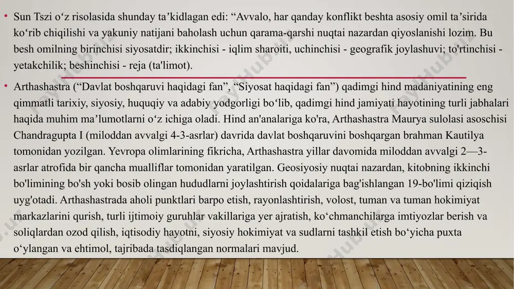 llik muqarrar ravishda davlatni zaiflashtiradi va markazdan mustaqilligini e’lon qilishiyoki boshqa davlatga qo‘shilishi mumkin bo‘lgan chegara zonasini yo‘qotishiga olib keladi. 5) o‘zining o‘sishida davlat fizik-geografik muhitning eng qimmatli elementlarini o‘zlashtirishga intiladi; qirg‘oq bo‘ylari, daryo bo‘ylari, tekisliklar, tabiiy resurslarga boy joylar. 6) hududiy o‘sishga birinchi turtki qoloq davlatlarga tashqi tomondan, yuqori sivilizatsiyalardan keladi. 7) hududlarni birlashtirishga umumiy tendentsiyasi, tarmoqlanib, davlatdan davlatga o‘tadi va kuchayib boradi. davlatlar fazoviy kengayishlarida tabiiy ravishda yopiq konfiguratsiyalarga intilishadi. tabiat chegaralarida o‘sishni istagan bu qit’alar chegaralarida qondirilishi mumkin. image6.png image7.png image1.jpg image4.png image5.png /docprops/thumbnail.jpeg