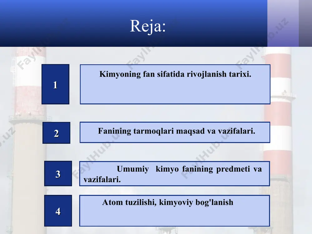 bo‘lishi. xix asr – daltonning atom nazariyasi, mendeleyevning davriy qonuni, avogadro gipotezasi. xx–xxi asr – kvant mexanikasi, molekulyar orbital nazariyasi, zamonaviy tahlil usullari (spektroskopiya, rentgenostruktura, kompyuter modellashtirish). umumiy kimyo fanining tarmoqlari umumiy kimyo o‘zida bir nechta mustaqil, ammo o‘zaro bog‘liq yo‘nalishlarni qamrab oladi: anorganik kimyo – metall va metallmas elementlar, ularning birikmalari, olinishi va xossalarini o‘rganadi. organik kimyo – uglerod asosidagi birikmalar tuzilishi, reaksiyalari va qo‘llanish sohalarini tadqiq qiladi. fizik kimyo – kimyoviy jarayonlarning energetikasi, tezligi, muvozanati va molekulyar mexanizmlarini o‘rganadi. analitik kimyo – moddalarning tarkibi va miqdorini aniqlash usullarini ishlab chiqadi (klassik va instrumental analiz). bioorganik va biokimyo – tirik organizmlarda kechadigan kimyoviy jarayonlarni hamda biologik faol moddalarni tadqiq qiladi. kolloid kimyo – yuqori dispers sistemalar va ularning xossalarini o‘rganadi. kimyo texnologiyasi – kimyoviy jarayonlarni ishlab chiqarishga tadbiq etish, yangi materiallar va mahsulotlar yaratishni ta’minlaydi. umumiy kimyo fanining maqsadi modda va uning xossalari, tuzilishi hamda ularning o‘zgarish qonuniyatlari to‘g‘risida …