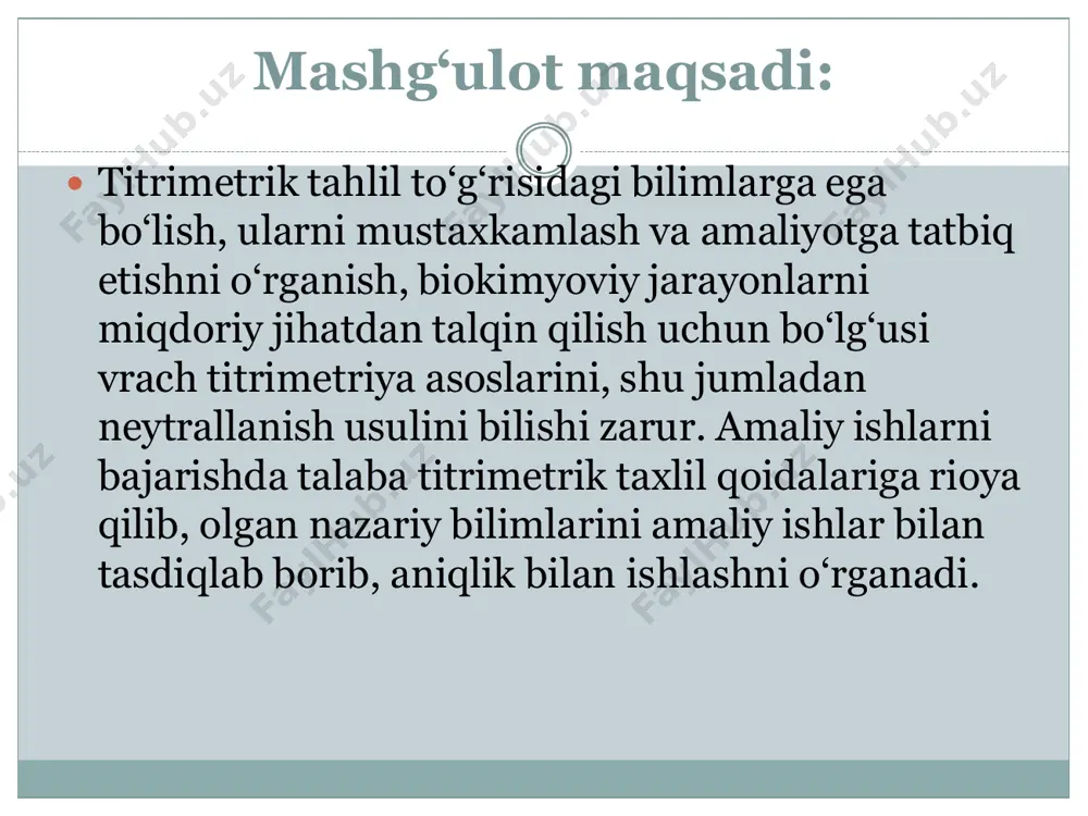 hulosalar chiqarish 3) testlar yechish titrimetrik tahlil turlari kompleksonometriy a usuli neytrallanis h usuli chо‘ktirish usul oksidimetriy a atamalar • konsentratsiyasi ma’lum bulgan va uning yordamida boshka moddaning mikdori aniklanadigan eritma titrlangan yoki ishchi eritma • titrlangan ishchi eritmani aniklanayotgan modda eritmasiga asta-sekin kushish jarayoni bulib, xajmiy analizining eng muxim bosk,ichidir. titrlash • reaksiyaga kirishuvchi moddalar ekvivalent mikdorda reaksiyaga kirishish nuktasiga aytiladi. ekvivalent nukta indikatorlar nazariyasi neytrallanish usulida kimyoviy reaksiyaning oxiri (ekvivalent nuktasi) kislota-asosli indikatorlar yordamida aniklanadi. indikatorlar kuchsiz kislota yoki kuchsiz asos xossasiga ega bulib, ularning molekula xolatidagi rangi, ion xolatidagi rangidan farq qiladi. agar har qanday indikator kislotani shartli ravishda hjnd bilan, uning anionlarini esa jnd- bilan belgilasak, bunday indikatorlarning suvdagi eritmasida quyidagi muvozanat vujudga keladi: hjnd h+ + jnd- kuchli kislotani kuchli asos bilan titrlash: hcl + naoh = nacl + h2o h+ + cl- + na+ + oh- = na+ + cl- + h2о oh+ + …