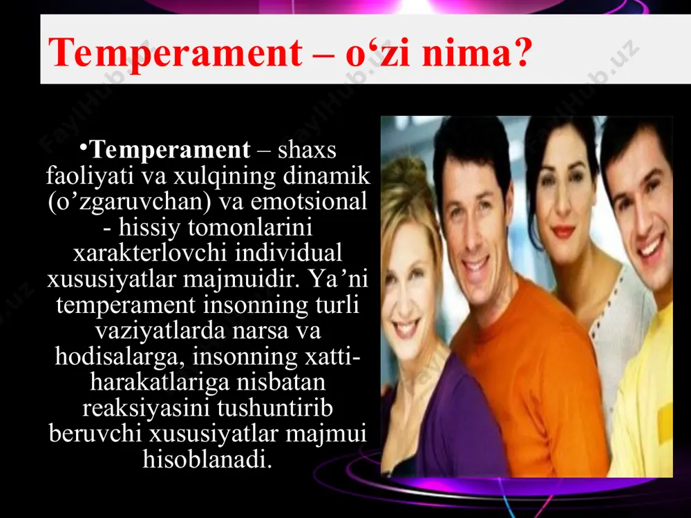 ngilchan, befarq o’ziga bo’lgan ishonchi: sangvinik xolerik flegmatik melanxolik omadga ishonadi, tavakkalchi o’ziga juda ishonadi, kamchiliklarini berkitadi bilsa ham o’ziga ishonmaydi, ko’p havotirlanadi, lekin nolimaydi o’ziga ishonmaydi, kamchiliklaridan juda qo’rqadi, omadga ishonmaydi sangvinik xolerik flegmatik melanxolik shoshqaloq, tezkor, taranglik bir joyda tura olmaydi, serxarakat, tez yuradi sekinroq yuradi, bemalol atrofni kuzatib yuradi sekin yuradi, xayolparast, qo’rquv bn yuradi «xarakter» yunoncha «xaraktir» degan so’zdan olingan bo’lib, «qalqiq chiziq» ma’nosini anglatadi. bu yerda tanga, chaqa yuziga tushirilgan bo’rtma tamg’a ko’zda tutiladi. * xarakter deganda shaxsda muhit va tarbiya ta’siri ostida tarkib topgan va uning irodaviy faolligida, tevarak-atrofdagi olamga (boshqa kishilarga, mehnatga, buyumlarga), o’z-o’ziga bo’lgan munosabatlarida namoyon bo’ladigan individual xususiyatlarini tushunamiz. * shaxsning xarakteriga tegishli bo’lgan xususiyatlarni xarakter xislatlari deyiladi. xarakter – xislatlari – kishida tasodifiy uchraydigan xususiyat bo’lmay, balki kishining xulqidagi doimiy, barqaror xususiyatlar bo’lib, bu xususiyatlar shaxsning o’zigagina xos bo’ladi. * kishidagi mustahkamlanib, uning shaxsiy xususiyatiga aylanib qolgan iroda sifatlari xarakterning …
