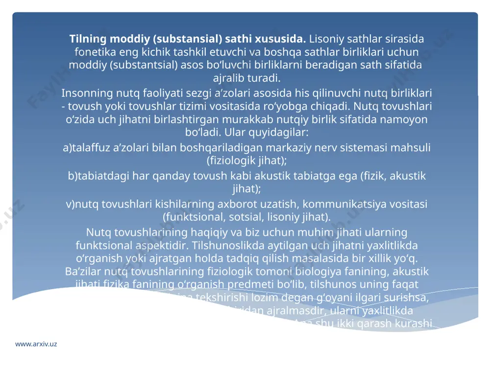 matik aniqlashda muhim rol o‘ynaydi. www.arxiv.uz www.arxiv.uz fonetikaning bo’limilari. umumiy xususiy qiyosiy umumiy fonetika. inson talaffuz apparatining imkoniyatlaridan kelib chiqqan holda nutq tovushlari hosil qilishning umumiy shartlari (masalan, undoshlarning hosil bo‘lishi o‘rniga ko‘ra lab, til, bo‘g‘iz undoshlarining farqlanishi, hosil bo‘lish usuliga ko‘ra portlovchi, sirg‘aluvchi, portlovchi-sirg‘aluvchi tovush xossalarining aniqlanishi kabilar), shuningdek, tovushlarning umumiy akustik xossalari o‘rganiladi. qisman artikulyatsion, qisman akustik belgilarga tayangan holda nutq tovushlarining universal, shuningdek, farqlovchi belgilariga tayanadigan ichki tasniflarini berish bilan ham shug‘ullanadi. umumiy fonetika tovushlarning birikish qonuniyatlari, bir tovushning ikkinchisiga ta’siri xususiyatlarini (akkomodatsiya va assimilyatsiyaning turli ko‘rinishlari), bo‘g‘inning tabiati, bo‘g‘inda tovushlarning birikish qonuniyatlari, bo‘g‘inlarga bo‘linish shartlari, so‘zlarning fonetik tuzilishi, qisman urg‘u va singarmonizm masalalarini ham tekshiradi. umumiy fonetika intonatsiya uchun qo‘llaniladigan vositalar (tovush balandligi, kuchi (intensivligi), cho‘ziqligi, tezligi (tempi), pauza, tembr kabi masalalarni ham tekshiradi. www.arxiv.uz xususiy fonetikada yuqorida aytilgan masalalar muayyan tillar misolida tekshiriladi. xususiy fonetika tarixiy fonetika va zamonaviy, muosir fonetika, sinxron fonetika va diaxron …