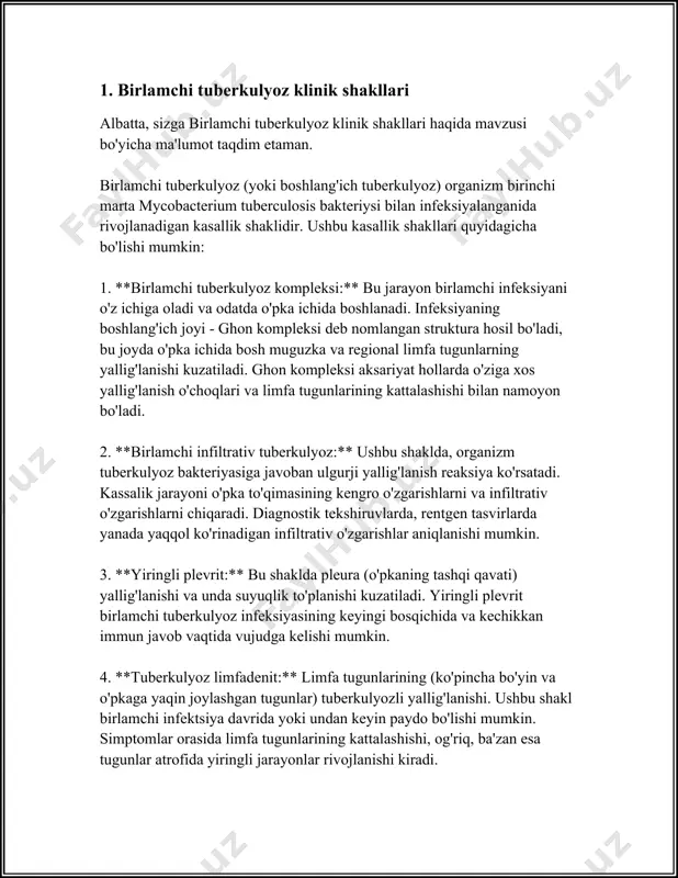 yuqori xavf mavjud bo'lgan mintaqalarda ijodiy chora-tadbirlar qo'llanishi zarur. birlamchi tuberkulyoz bilan bog'liq barcha ma'lumotlar kompleks va muntazam diagnostika va davolash faoliyatlari orqali nazorat qilinishi shart. 2. radiologik diagnostika radiologik diagnostika tibbiyot sohasida kasalliklarni aniqlash va aniqlash uchun tasvirlash texnikalaridan foydalaniladigan muhim jarayondir. bu jarayon turli usullarni, jumladan rentgenografiya, ultratovush tekshiruvi, magnit-rezonans tomografiya (mrt), kompyuter tomografiyasi (kt) va yadroviy tibbiyotning boshqa usullarini o‘z ichiga oladi. rentgenografiya radiologik diagnostikaning eng ko‘p qo‘llaniladigan usullaridan biridir. bu usul suyaklar va ichki organlarning holati haqida tasavvur beradi. rentgen nurlari orqali olingan suratlar yordamida shifokorlar suyak sinishlari, o‘pka kasalliklari va boshqa turli xastaliklarni aniqlashlari mumkin. rentgenografiyaning afzalliklaridan biri - uning tezkorligi va bemor uchun kamroq invaziv bo‘lishidir. ultratovush tekshiruvi inson organizmidagi ichki organlarni ko‘rish uchun tovush to‘lqinlaridan foydalanadi. ushbu usul eng ko‘p homiladorlikni kuzatishda qo‘llaniladi; homilaning rivojlanishini, jinsini va boshqa muhim ma’lumotlarni aniqlashda yordam beradi. shuningdek, bu metod turli organlarning holatini, masalan yurak, jigarda bo‘layotgan …