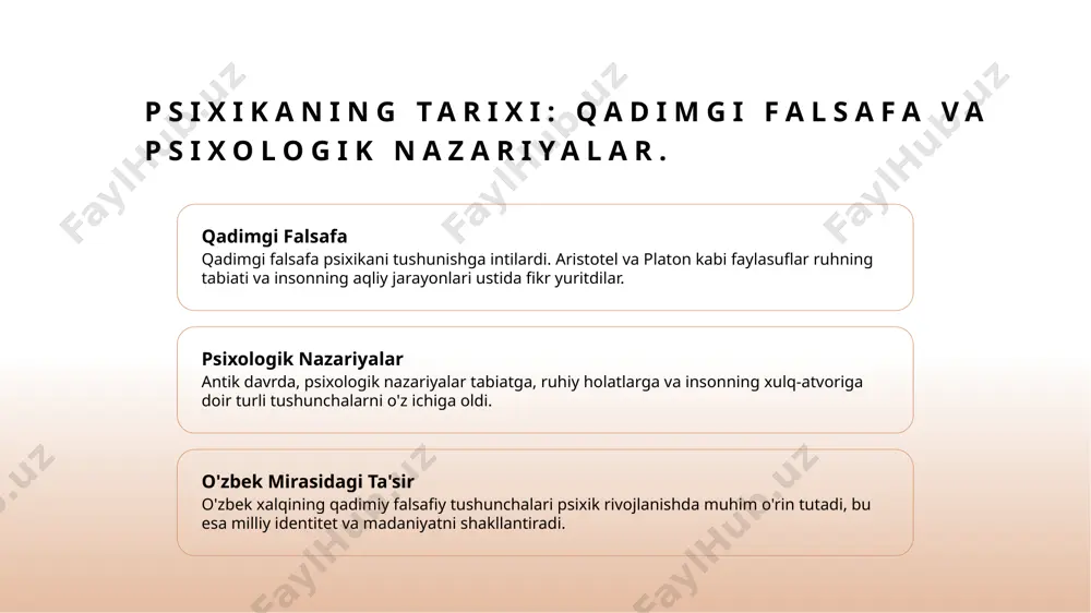i. bu, xalqning birligi va barqarorligini ta'minlaydi. xulosa psixikaning rivojlanishi madaniyat va psixika biologik va madaniy integratsiya psixikaning rivojlanishi tarixi, qadimgi falsafa va nazariyalar asosida shakllangan. madaniy meros, psixikaning rivojlanishida muhim o'rin tutadi. o'zbek xalqining madaniy merosi psixik holatlarni shakllantirishda muhim rol o'ynaydi. an'analarning zamonaviy hayotga ta'siri, psixologik integratsiyani kuchaytiradi. psixologik fenomenlar biologik va madaniy omillar bilan birga rivojlanadi. o'zbek psixologiyasida identitet va madaniyat o'rtasidagi bog'liqlik muhimdir. e'tiboringiz uchun rahmat! /docprops/thumbnail.jpeg