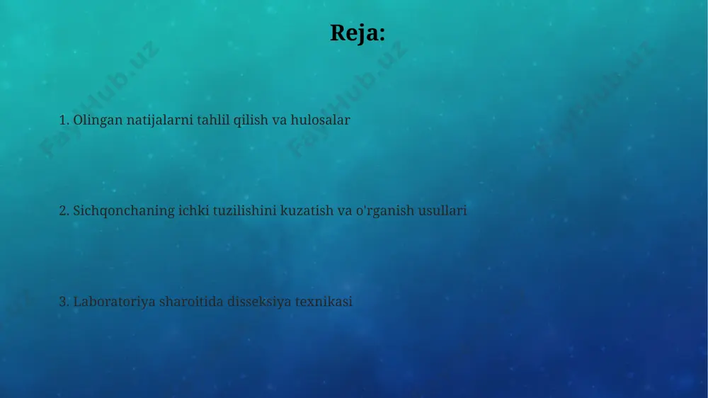 kesish tavsiya etiladi. ratning jigar, buyrak va yurak to'qimalaridan 3 mm³ hajmdagi namunalar olinib, kriyoprezervatsiyada -80°c da saqlanadi va keyinchalik immunogistokimyoviy tahlillar uchun samarqanddagi ilmiy markazga yuboriladi. tana bo'shlig'ini ochish tana bo'shlig'ini ochgandan so'ng, har bir organning joylashuvini va o'lchamlarini (masalan, jigar 2-3 sm, taloq 1-2 sm) aniqlash uchun, anatomik atlaslar va 3d modellardan foydalanib, har bir organni ehtiyotkorlik bilan tekshirish muhim ahamiyatga ega. tana bo'shlig'ini ochishda, toshkentdagi veterinariya institutining qo'llanmasiga asosan, to'qimalarni ehtiyotkorlik bilan ajratish va qon ketishini oldini olish uchun, 10x kattalashtirishdagi lupa va ingichka qaychi vositalaridan foydalanish tavsiya etiladi. tana bo'shlig'ini ochish jarayonida, taxminan 3-5 sm uzunlikdagi, o'tkir pichoq yordamida, qorin bo'shlig'ining o'rta chizig'idan kesma qilish kerak, bu esa anatomik tuzilmalarga zarar yetkazmasdan organlarni aniq ko'rish imkonini beradi. yurak-qon tomir tizimining kuzatuvi sichqonchaning aorta va vena kava tomirlarining diametri o'lchandi va ularning o'rtacha qiymatlari mos ravishda 1,2 mm va 1,8 mm ni tashkil etdi, bu toshkentdagi tajriba …
